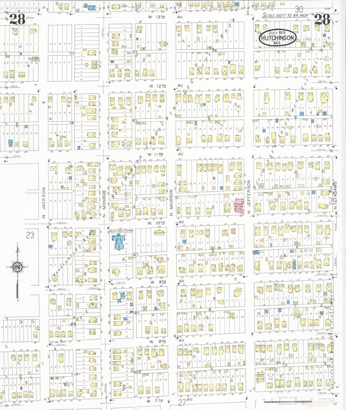 Sanborn Fire Insurance Map from Hutchinson, Reno County, Kansas (1929), Sheet #0029 - Historic Sanborn Fire Insurance Map Print, vintage old map wall art, antique decor, genealogy gift, Kansas Kansas map