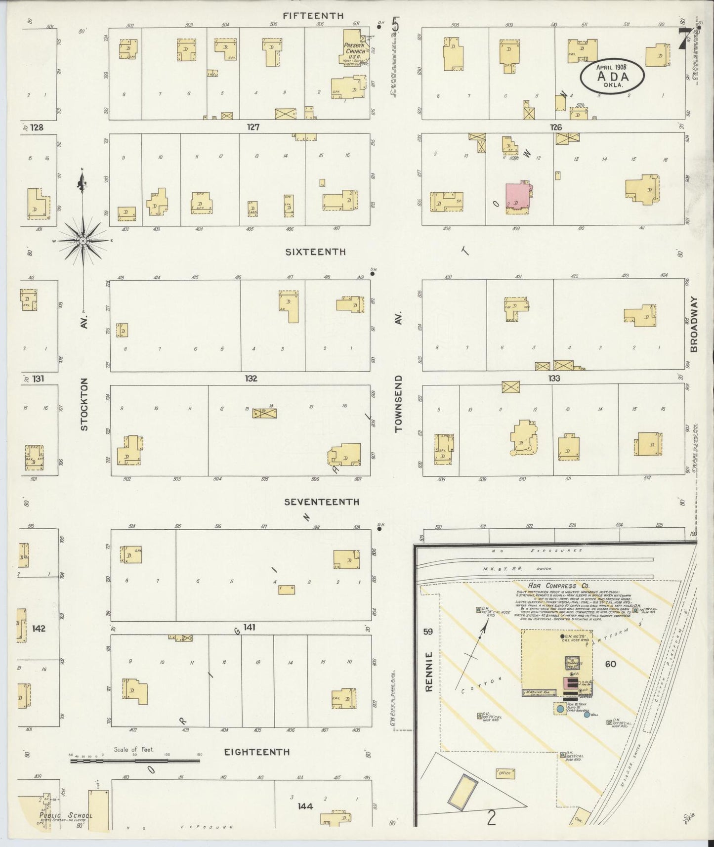 Sanborn Fire Insurance Map from Ada, Pontotoc County, Oklahoma (1908), Sheet #0007 - Historic Sanborn Fire Insurance Map Print, vintage old map wall art, antique decor, genealogy gift, Oklahoma Oklahoma map