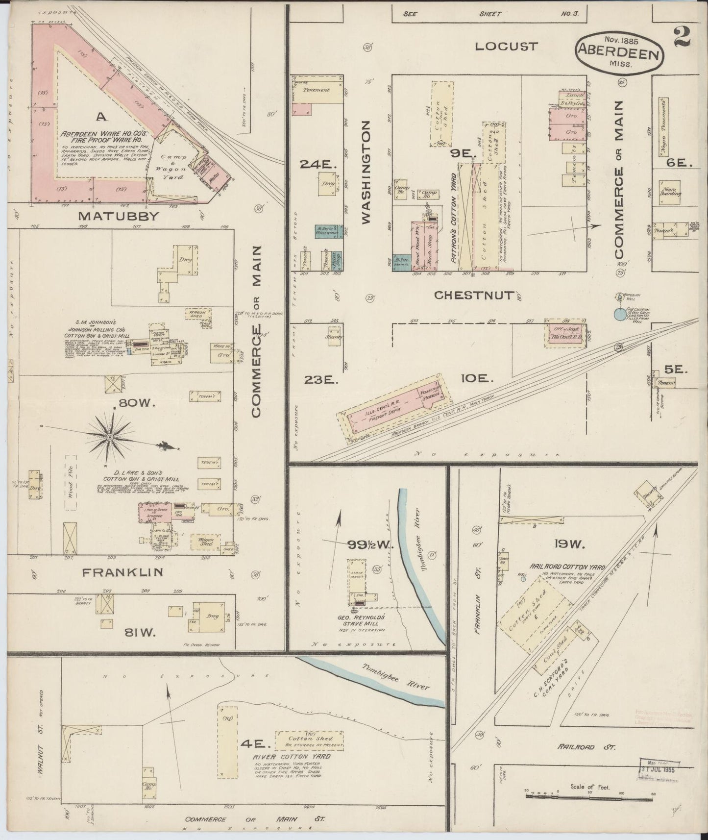 Sanborn Fire Insurance Map from Aberdeen, Monroe County, Mississippi (1885), Sheet #0002 - Historic Sanborn Fire Insurance Map Print, vintage old map wall art, antique decor, genealogy gift, Mississippi Mississippi map