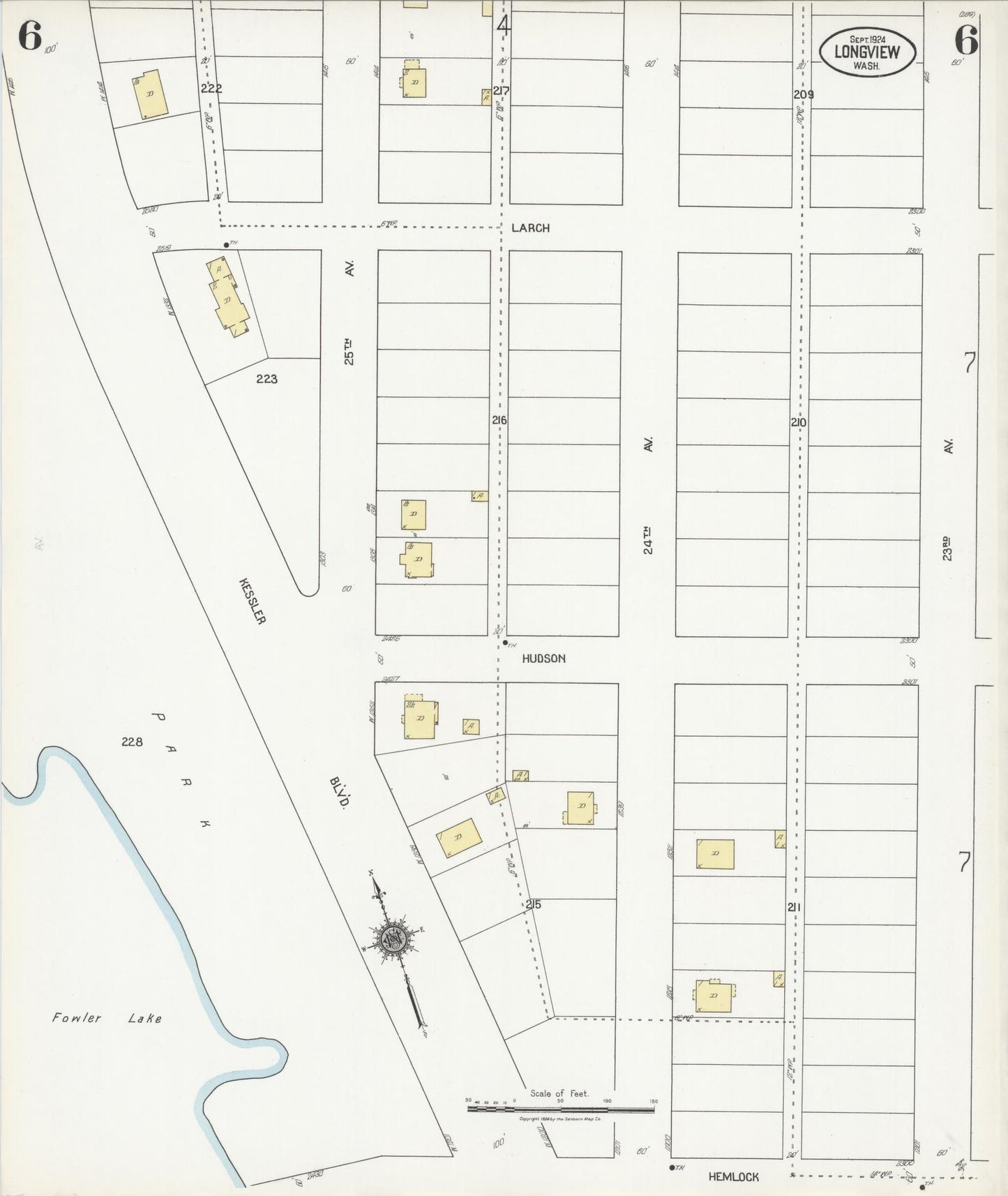 Sanborn Fire Insurance Map from Longview, Cowlitz County, Washington (1924), Sheet #0006 - Historic Sanborn Fire Insurance Map Print, vintage old map wall art, antique decor, genealogy gift, Washington Washington map