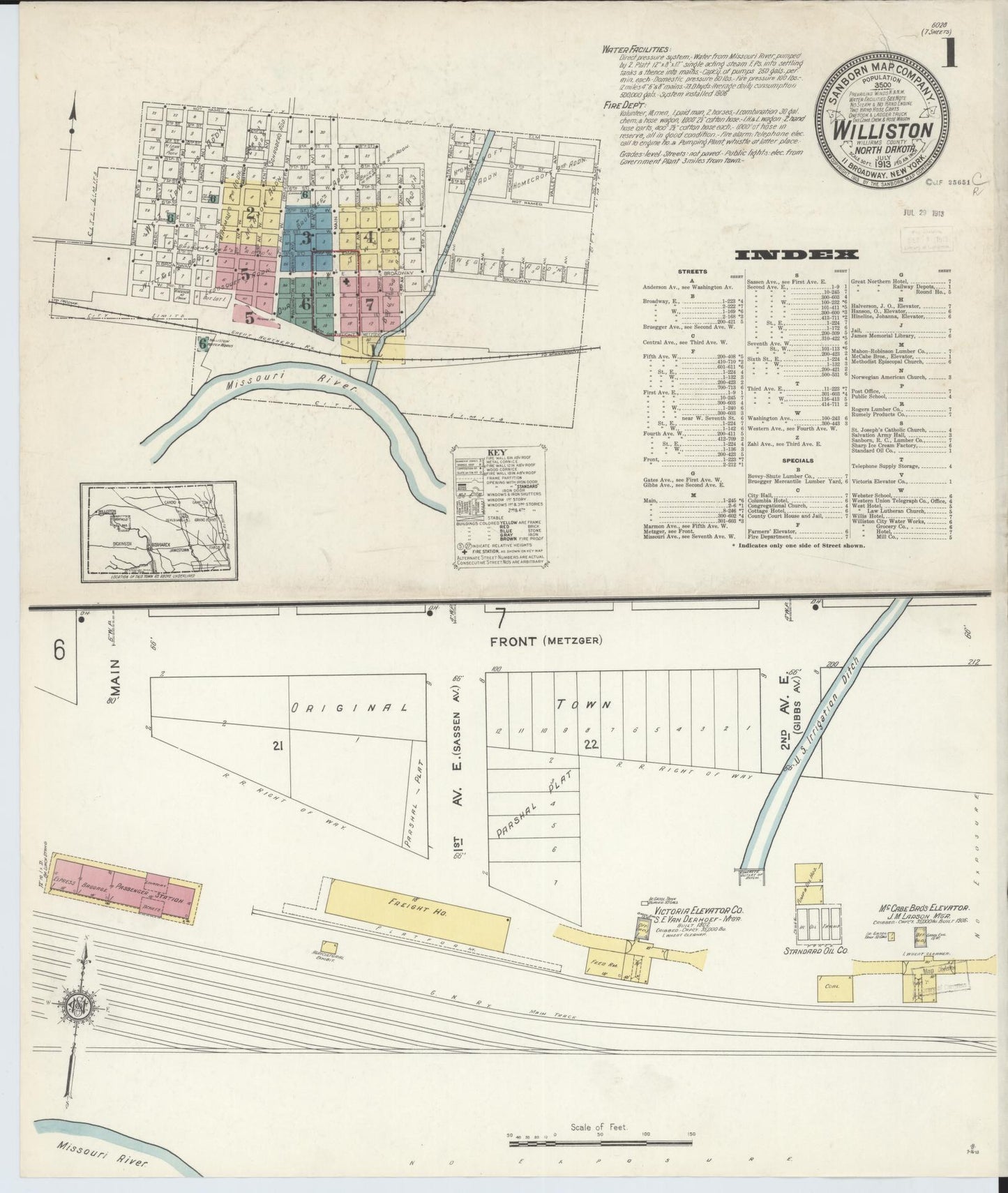 Sanborn Fire Insurance Map from Williston, Williams County, North Dakota (1913), Sheet #0001 - Historic Sanborn Fire Insurance Map Print, vintage old map wall art, antique decor, genealogy gift, North Dakota North Dakota map