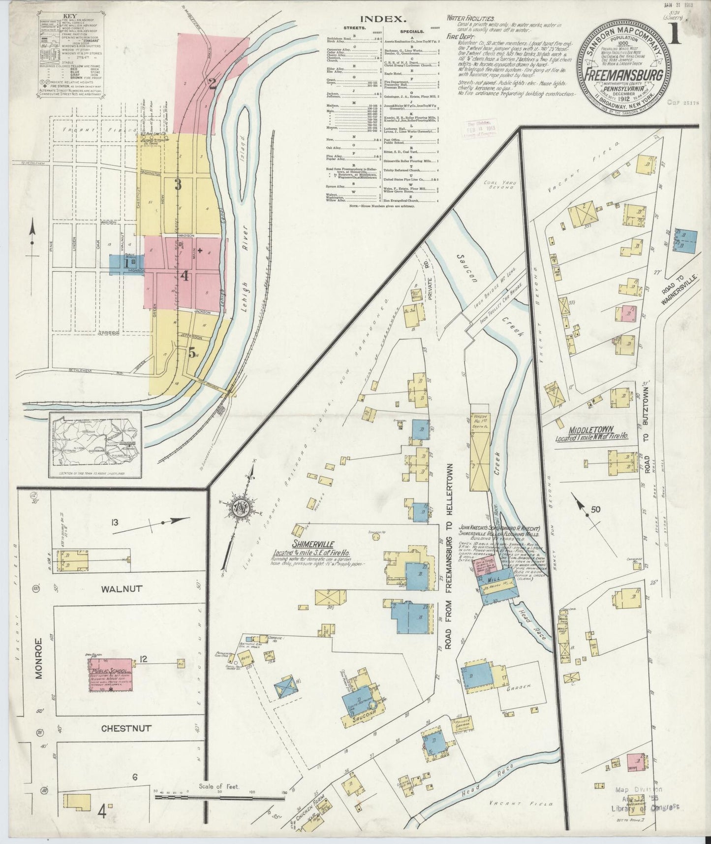 Sanborn Fire Insurance Map from Freemansburg, Northampton County, Pennsylvania (1912), Sheet #0001 - Historic Sanborn Fire Insurance Map Print, vintage old map wall art, antique decor, genealogy gift, Pennsylvania Pennsylvania map