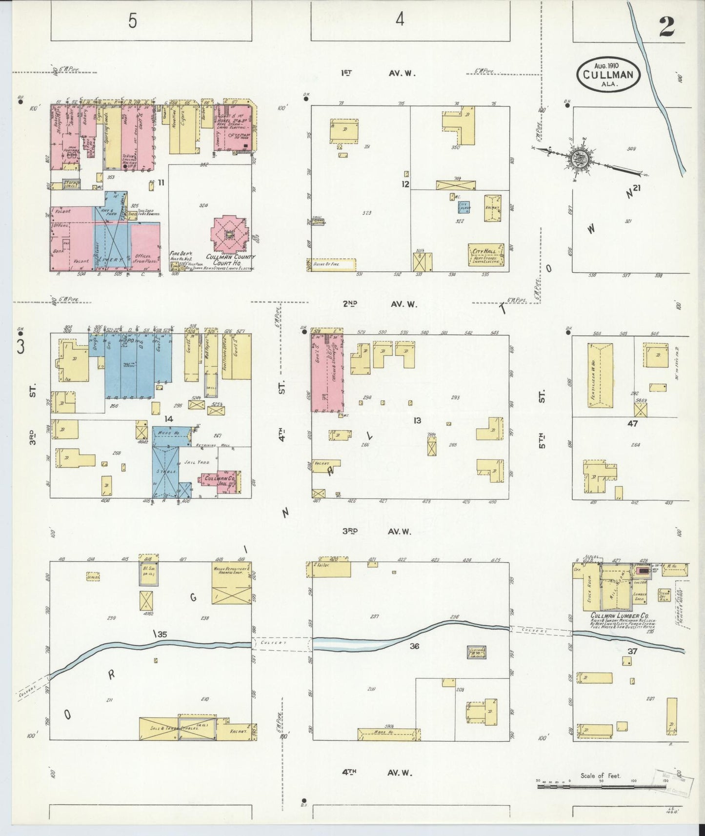 Sanborn Fire Insurance Map from Cullman, Cullman County, Alabama (1910), Sheet #0002 - Historic Sanborn Fire Insurance Map Print, vintage old map wall art, antique decor, genealogy gift, Alabama Alabama map