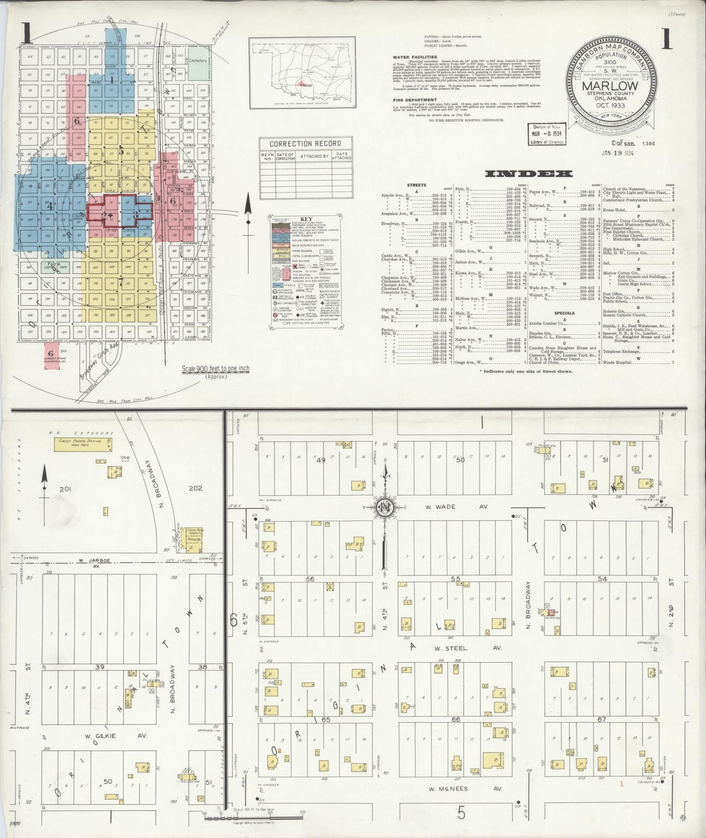 Sanborn Fire Insurance Map from Marlow, Stephens County, Oklahoma (1933), Sheet #0001 - Historic Sanborn Fire Insurance Map Print, vintage old map wall art, antique decor, genealogy gift, Oklahoma Oklahoma map