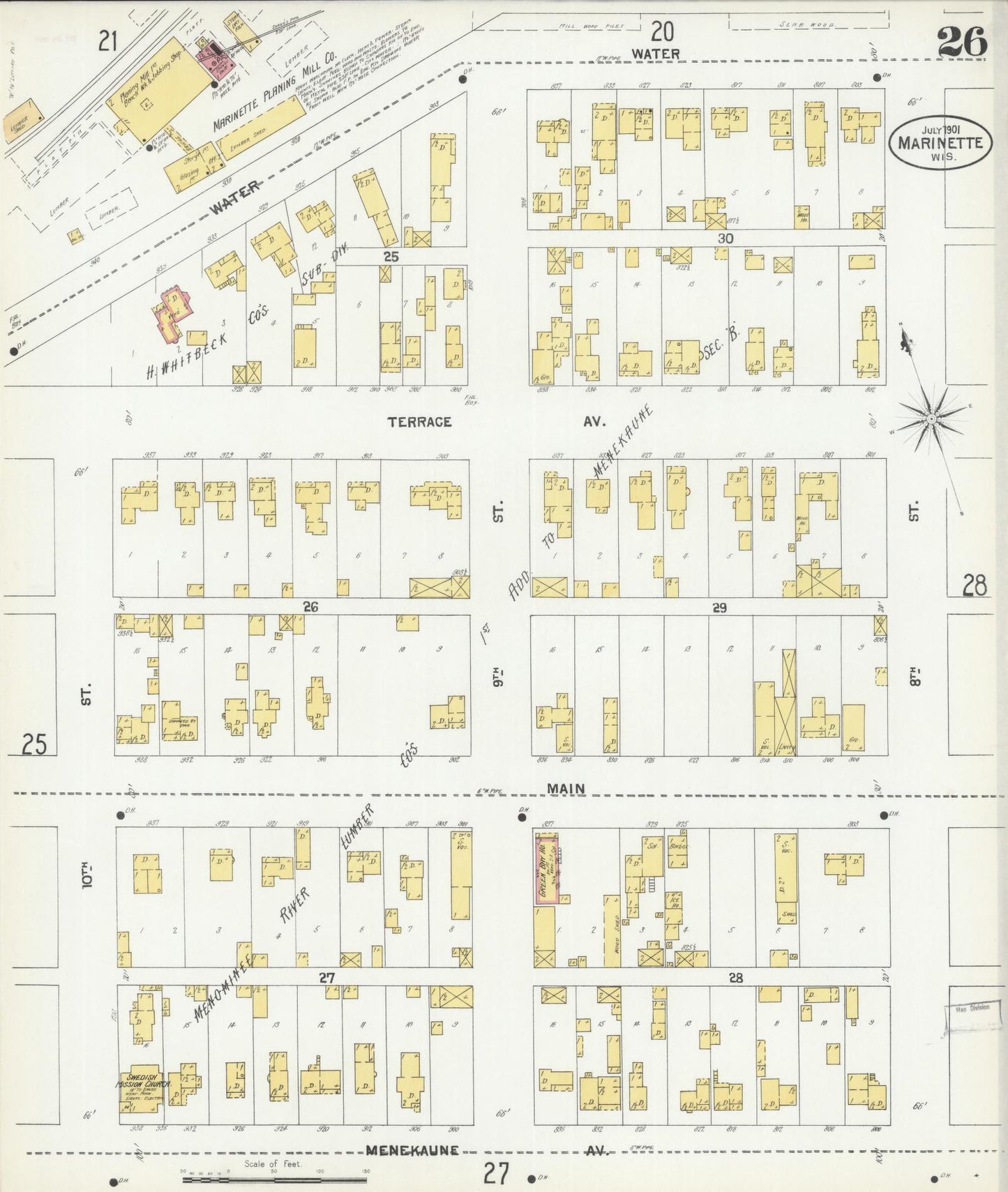 Sanborn Fire Insurance Map from Marinette, Marinette County, Wisconsin (1901), Sheet #0026 - Historic Sanborn Fire Insurance Map Print, vintage old map wall art, antique decor, genealogy gift, Wisconsin Wisconsin map