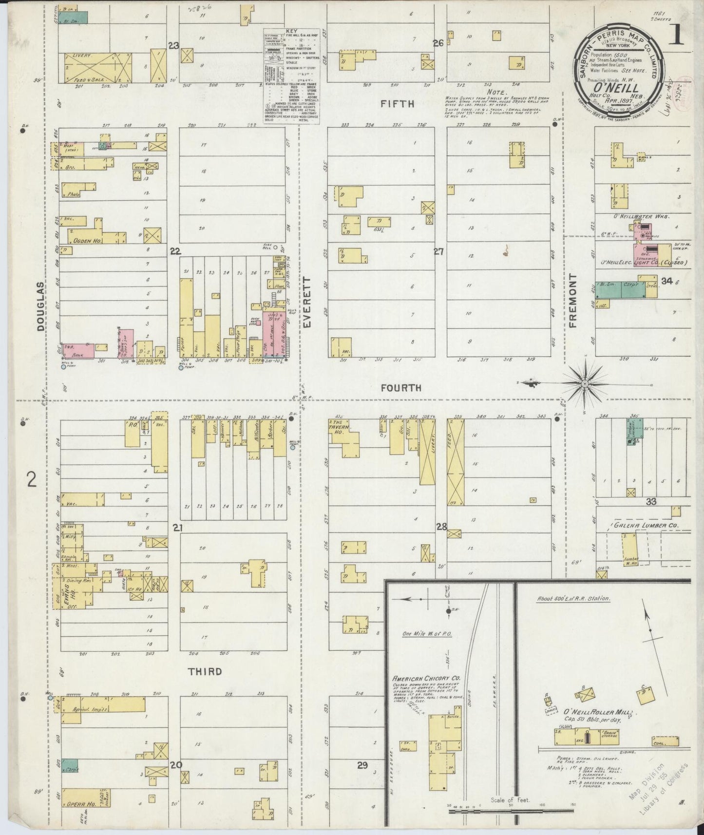 Sanborn Fire Insurance Map from O'Neill, Holt County, Nebraska (1897), Sheet #0001 - Historic Sanborn Fire Insurance Map Print, vintage old map wall art, antique decor, genealogy gift, Nebraska Nebraska map