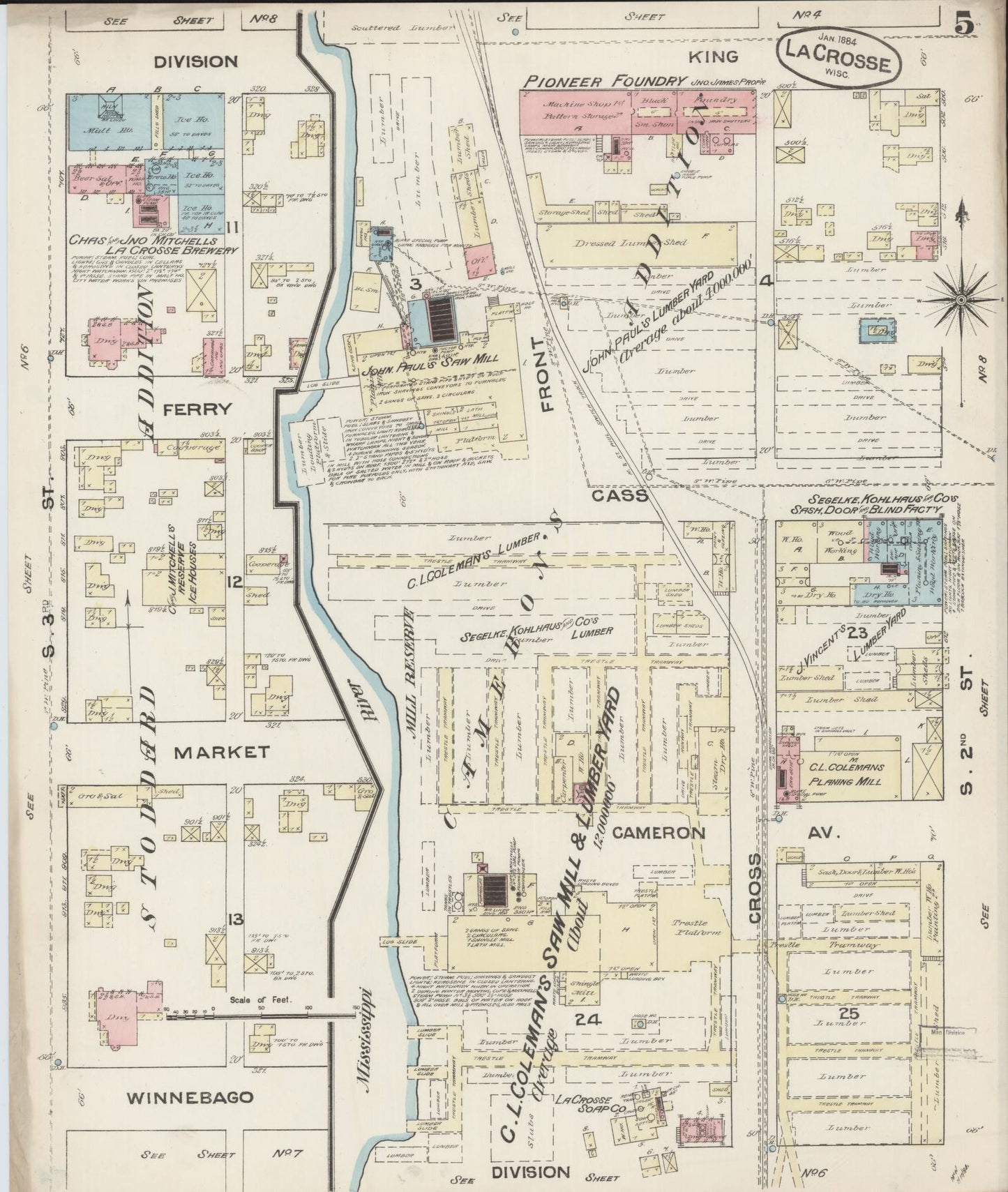 Sanborn Fire Insurance Map from La Crosse, La Crosse County, Wisconsin (1884), Sheet #0005 - Historic Sanborn Fire Insurance Map Print, vintage old map wall art, antique decor, genealogy gift, Wisconsin Wisconsin map