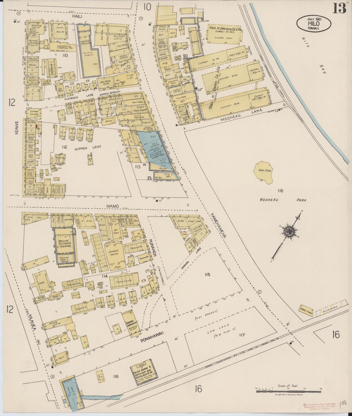 Sanborn Fire Insurance Map from Hilo, Hawaii County, Hawaii (1921), Sheet #0013 - Historic Sanborn Fire Insurance Map Print, vintage old map wall art