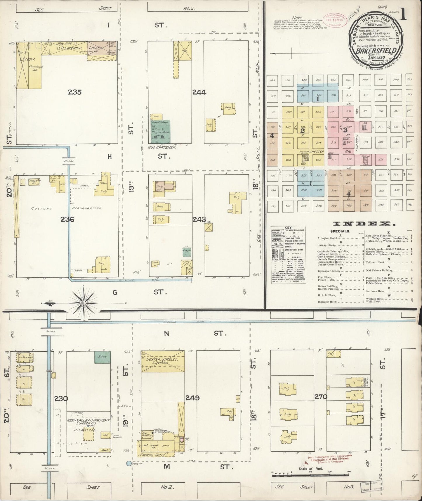 Sanborn Fire Insurance Map from Bakersfield, Kern County, California (1890), Sheet #0001 - Historic Sanborn Fire Insurance Map Print, vintage old map wall art, antique decor, genealogy gift, California California map