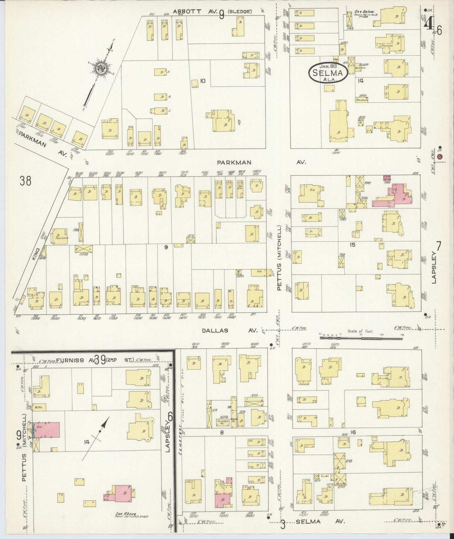 Sanborn Fire Insurance Map from Selma, Dallas County, Alabama (1913), Sheet #0004 - Historic Sanborn Fire Insurance Map Print, vintage old map wall art, antique decor, genealogy gift, Alabama Alabama map