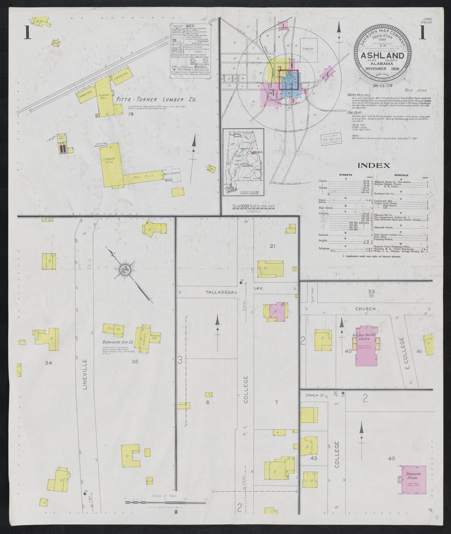 Sanborn Fire Insurance Map from Ashland, Clay County, Alabama (1928), Sheet #0001 - Historic Sanborn Fire Insurance Map Print, vintage old map wall art, antique decor, genealogy gift, Alabama Alabama map