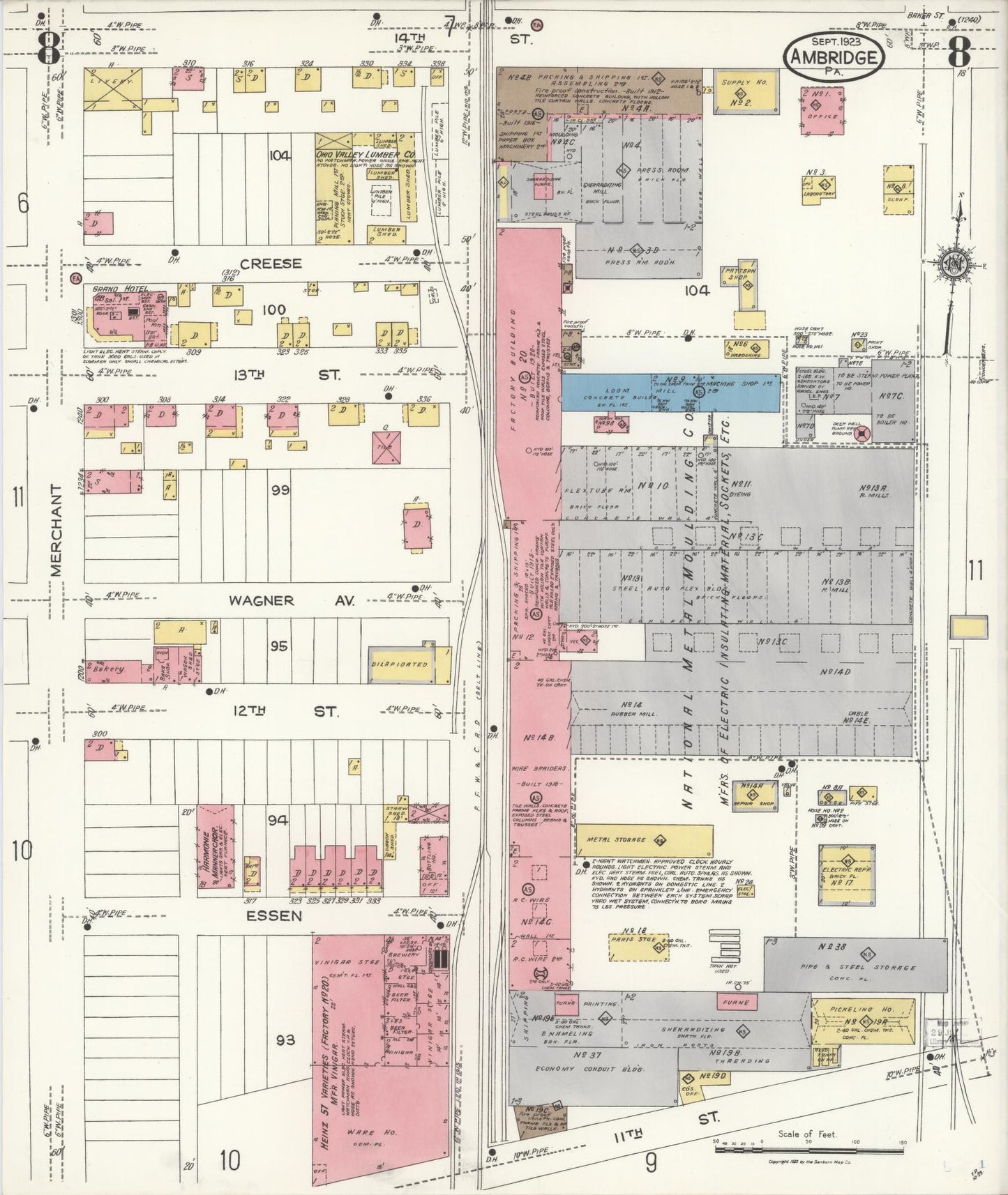 Sanborn Fire Insurance Map from Ambridge, Beaver County, Pennsylvania (1923), Sheet #0008 - Historic Sanborn Fire Insurance Map Print, vintage old map wall art, antique decor, genealogy gift, Pennsylvania Pennsylvania map