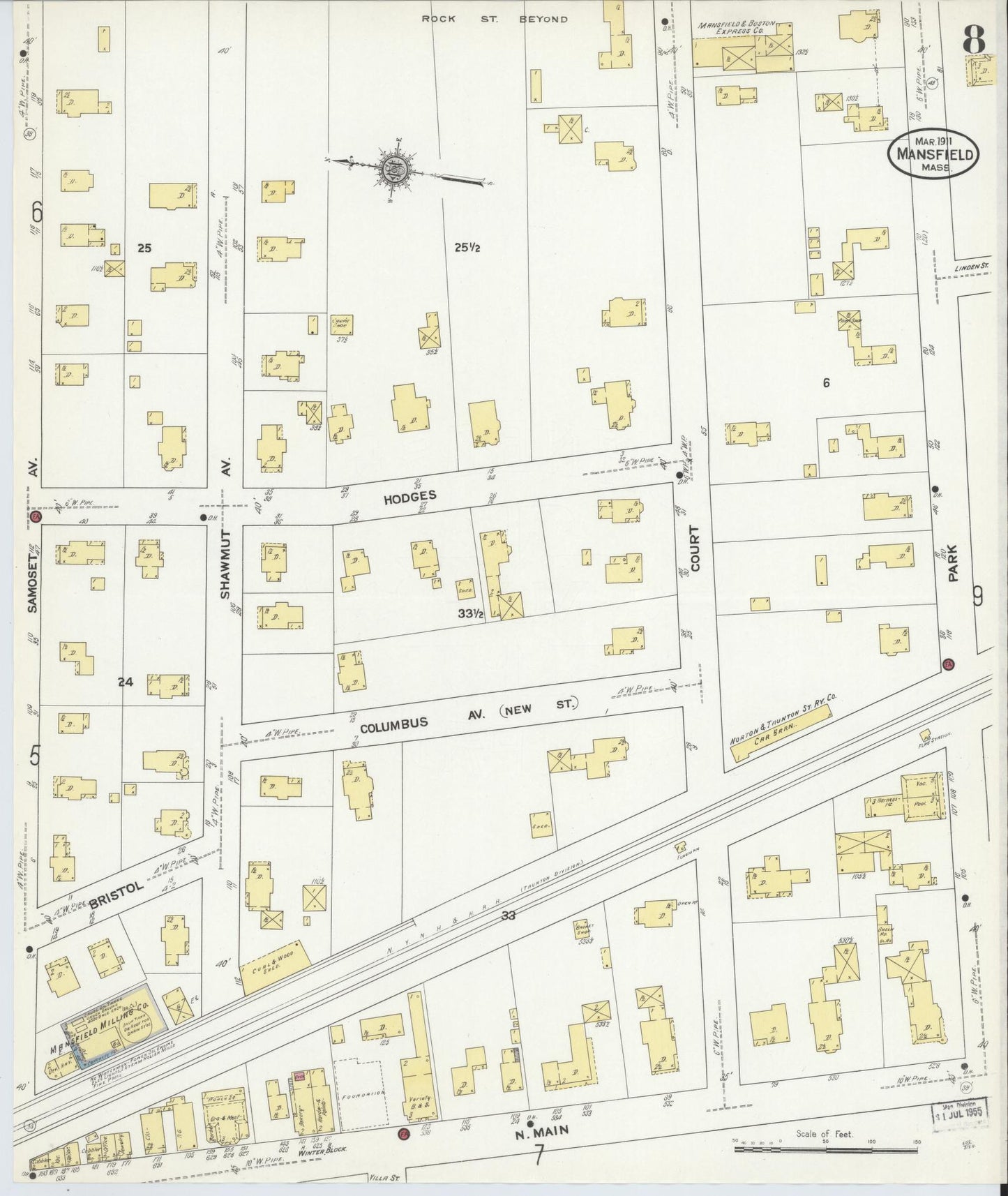 Sanborn Fire Insurance Map from Mansfield, Bristol County, Massachusetts (1911), Sheet #0008 - Historic Sanborn Fire Insurance Map Print, vintage old map wall art, antique decor, genealogy gift, Massachusetts Massachusetts map