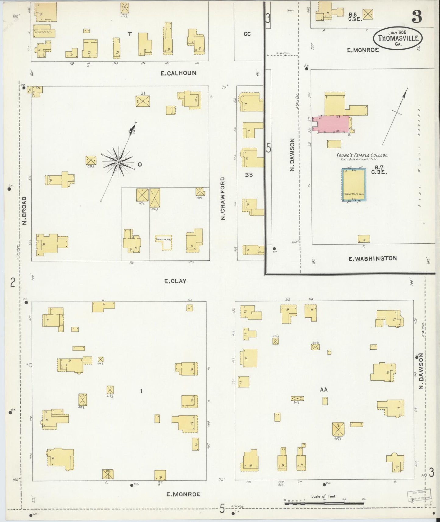 Sanborn Fire Insurance Map from Thomasville, Thomas County, Georgia (1905), Sheet #0003 - Historic Sanborn Fire Insurance Map Print, vintage old map wall art, antique decor, genealogy gift, Georgia Georgia map