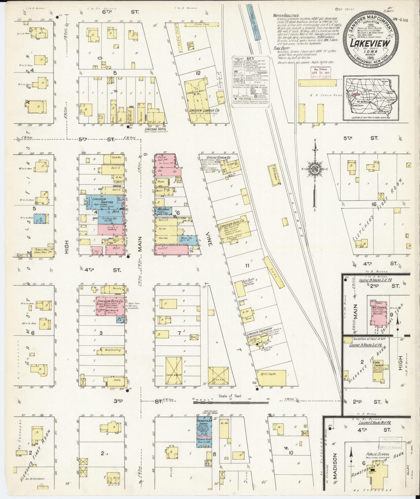 Sanborn Fire Insurance Map from Lake View, Sac County, Iowa (1915), Sheet #0001 - Historic Sanborn Fire Insurance Map Print, vintage old map wall art
