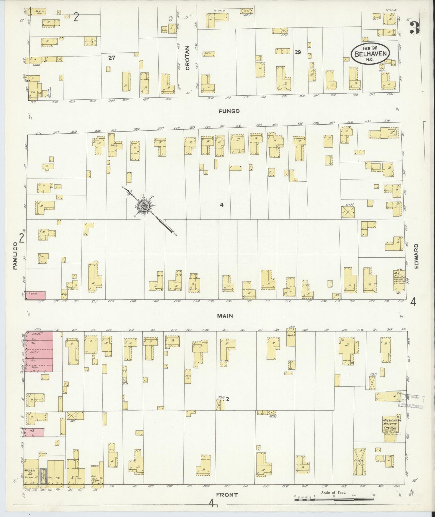 Sanborn Fire Insurance Map from Belhaven, Beaufort County, North Carolina (1911), Sheet #0003 - Historic Sanborn Fire Insurance Map Print, vintage old map wall art, antique decor, genealogy gift, North Carolina North Carolina map