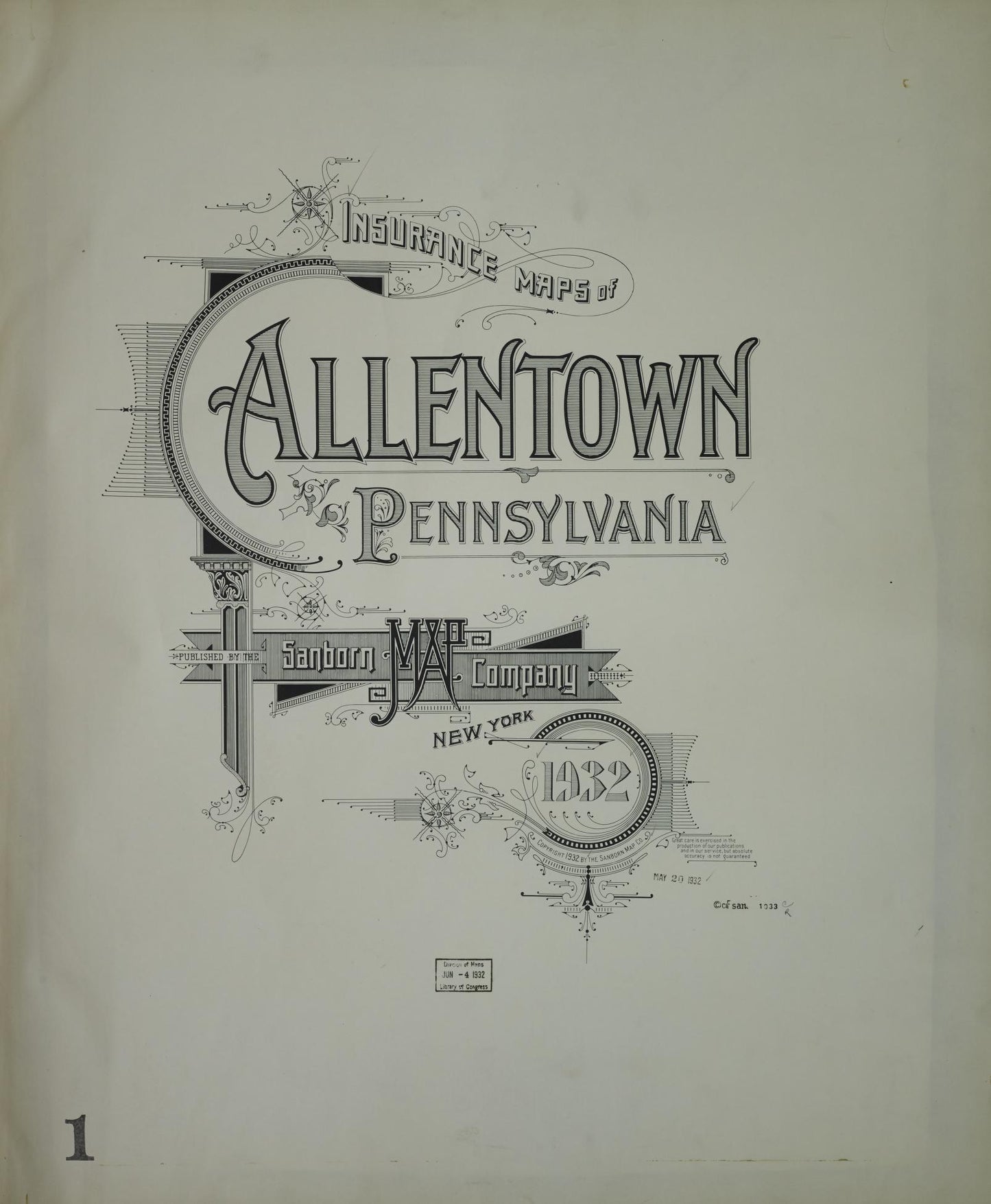 Sanborn Fire Insurance Map from Allentown, Lehigh County, Pennsylvania (1932), Sheet #0001 - Historic Sanborn Fire Insurance Map Print, vintage old map wall art, antique decor, genealogy gift, Pennsylvania Pennsylvania map