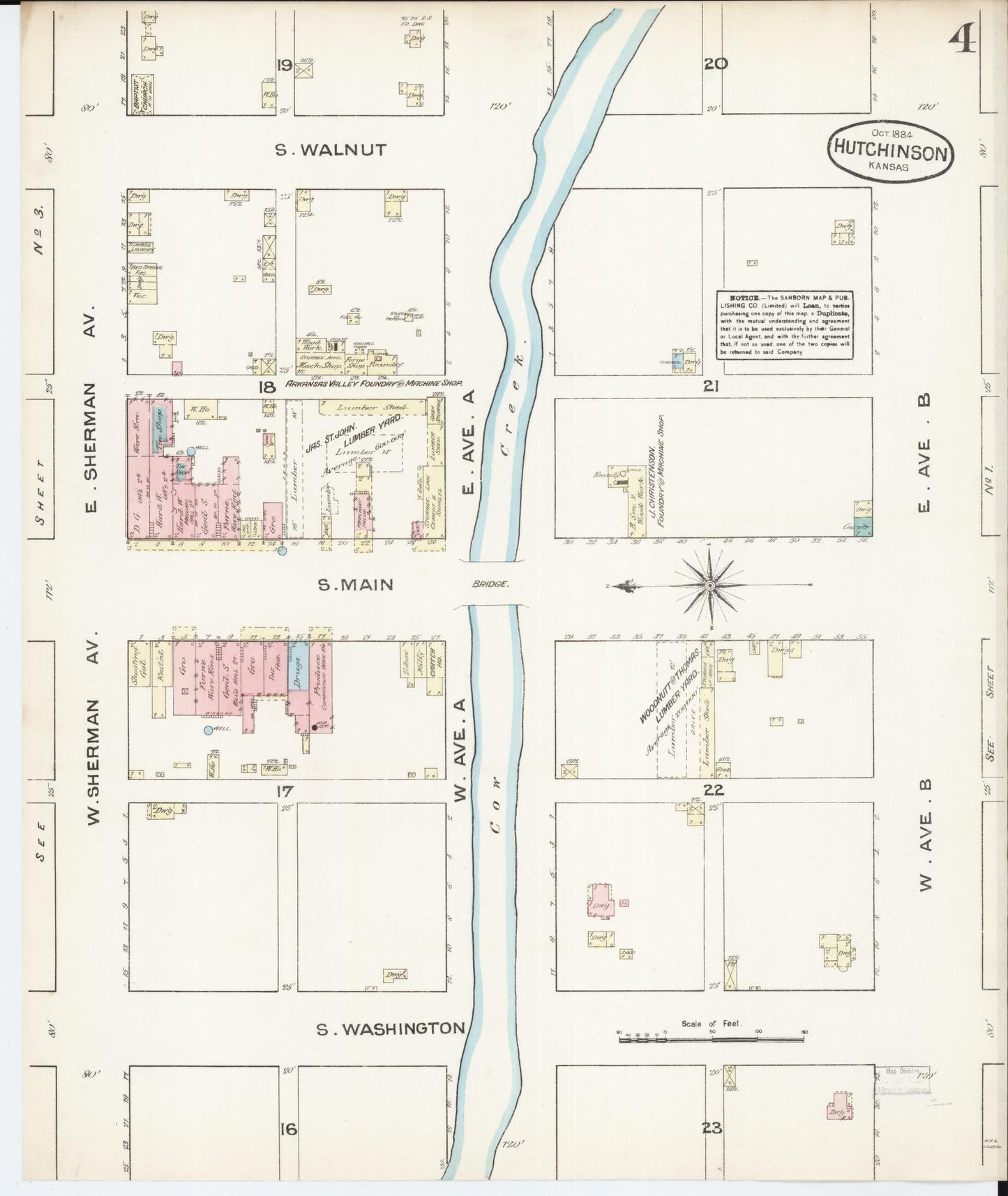 Sanborn Fire Insurance Map from Hutchinson, Reno County, Kansas (1884), Sheet #0004 - Historic Sanborn Fire Insurance Map Print, vintage old map wall art, antique decor, genealogy gift, Kansas Kansas map