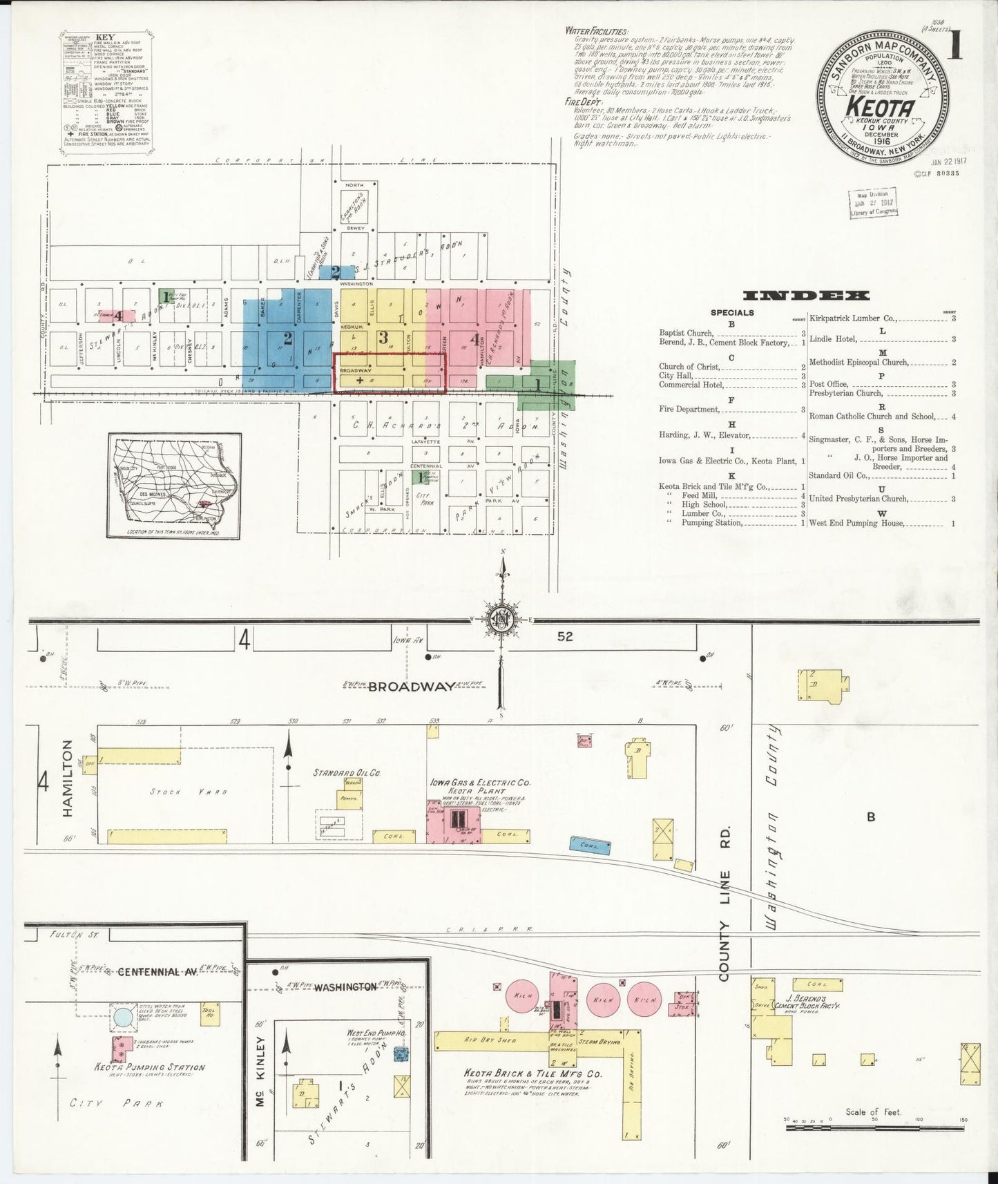 Sanborn Fire Insurance Map from Keota, Keokuk County, Iowa (1916), Sheet #0001 - Historic Sanborn Fire Insurance Map Print, vintage old map wall art