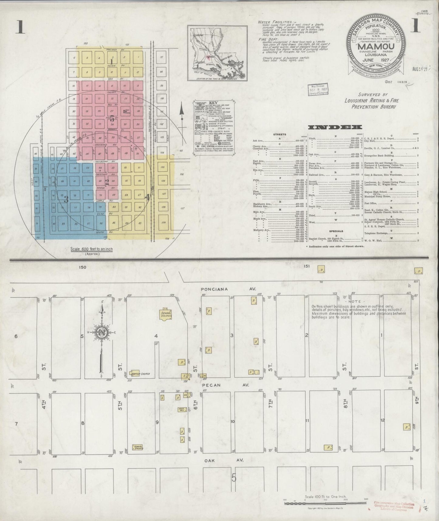Sanborn Fire Insurance Map from Mamou, Evangeline Parish, Louisiana (1927), Sheet #0001 - Historic Sanborn Fire Insurance Map Print, vintage old map wall art, antique decor, genealogy gift, Louisiana Louisiana map