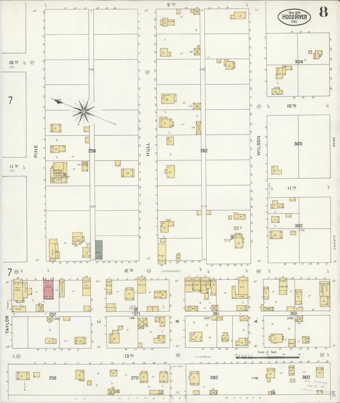 Sanborn Fire Insurance Map from Hood River, Hood River County, Oregon (1909), Sheet #0008 - Historic Sanborn Fire Insurance Map Print, vintage old map wall art, antique decor, genealogy gift, Oregon Oregon map