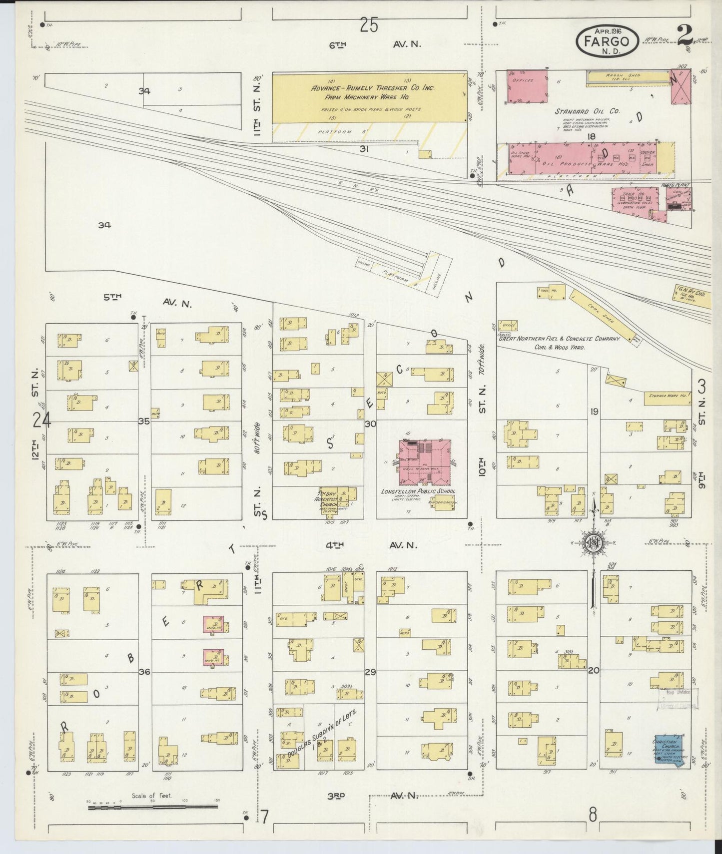 Sanborn Fire Insurance Map from Fargo, Cass County, North Dakota (1916), Sheet #0002 - Historic Sanborn Fire Insurance Map Print, vintage old map wall art, antique decor, genealogy gift, North Dakota North Dakota map