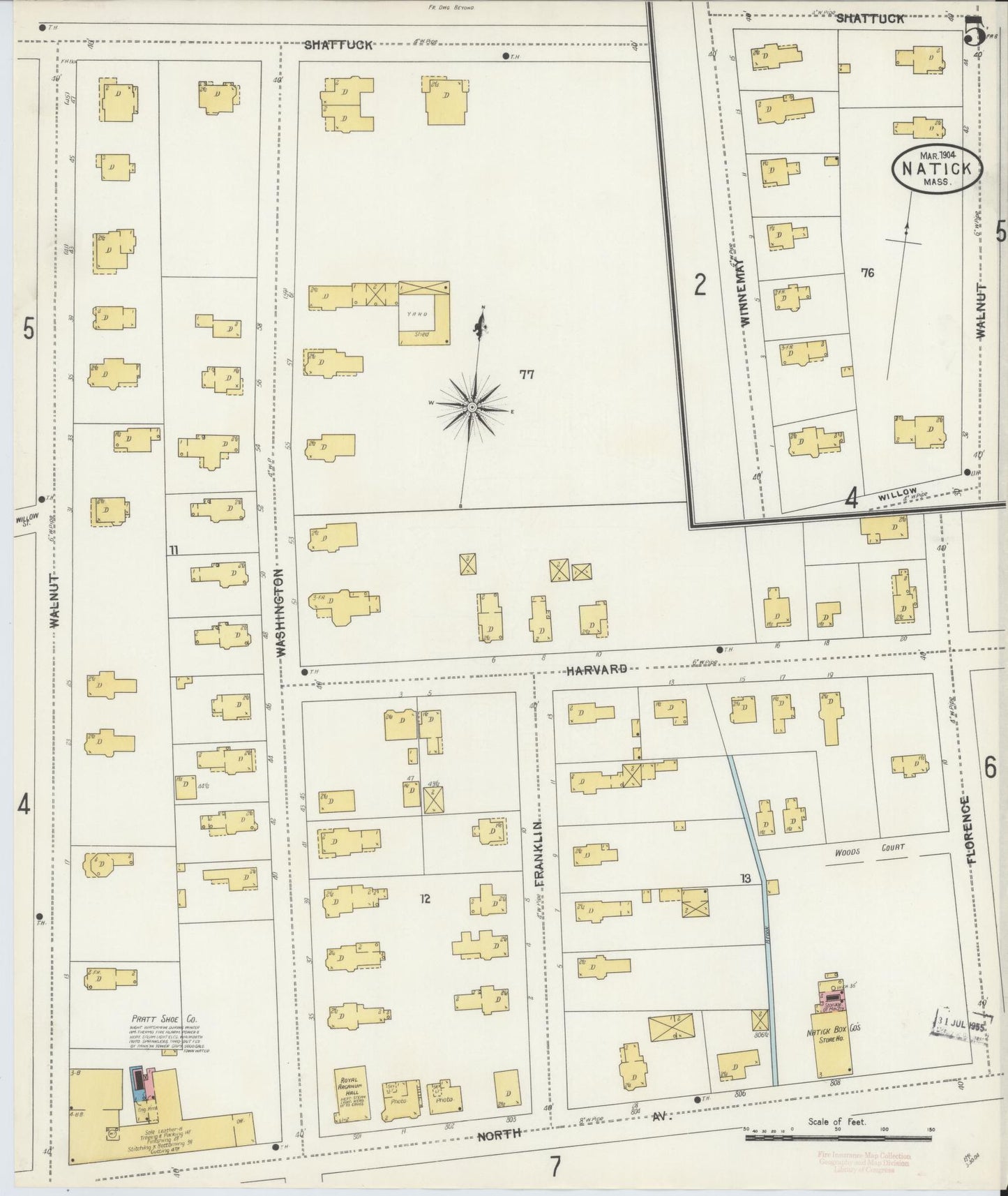 Sanborn Fire Insurance Map from Natick, Middlesex County, Massachusetts (1904), Sheet #0005 - Historic Sanborn Fire Insurance Map Print, vintage old map wall art, antique decor, genealogy gift, Massachusetts Massachusetts map