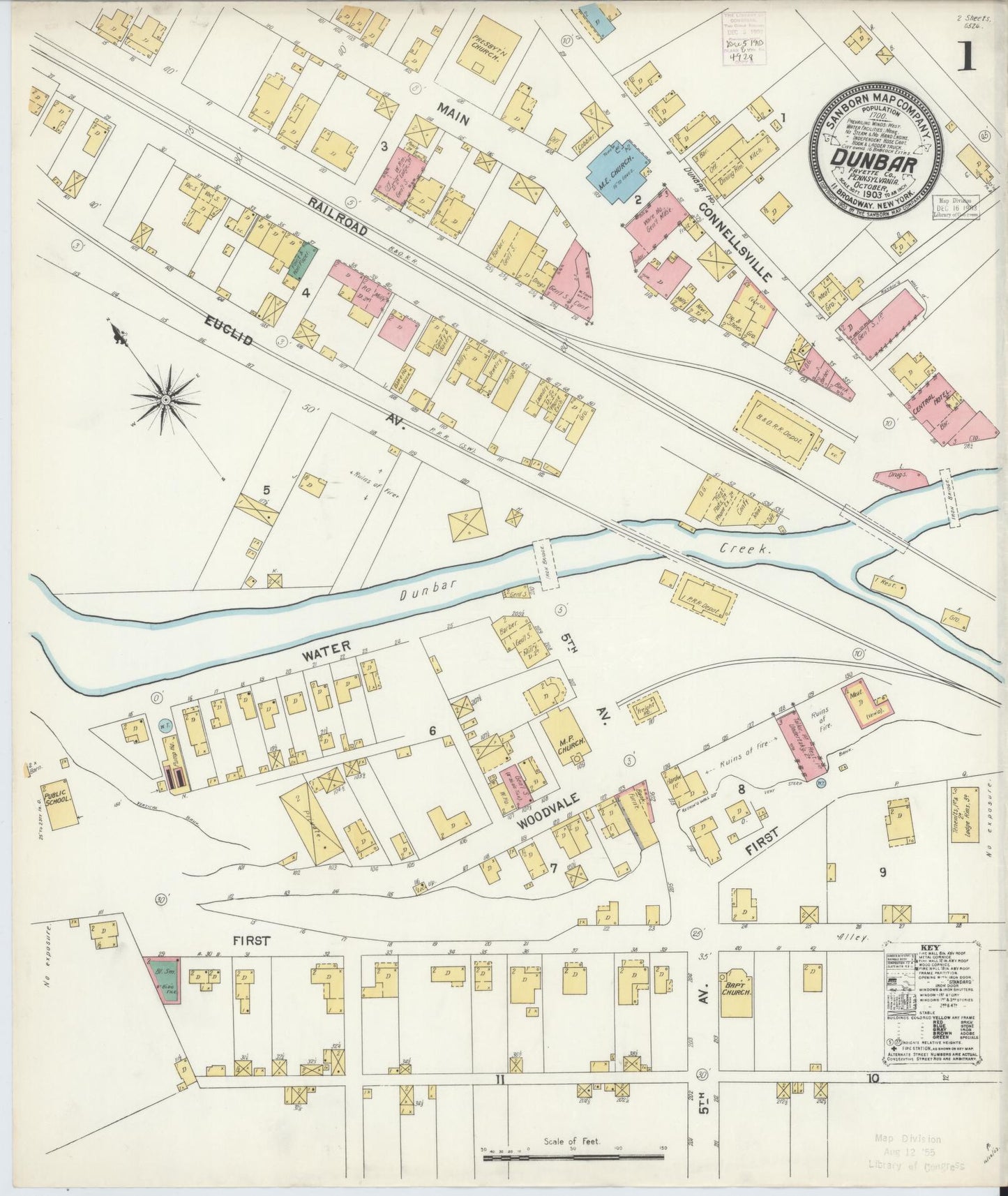 Sanborn Fire Insurance Map from Dunbar, Fayette County, Pennsylvania (1903), Sheet #0001 - Historic Sanborn Fire Insurance Map Print, vintage old map wall art, antique decor, genealogy gift, Pennsylvania Pennsylvania map