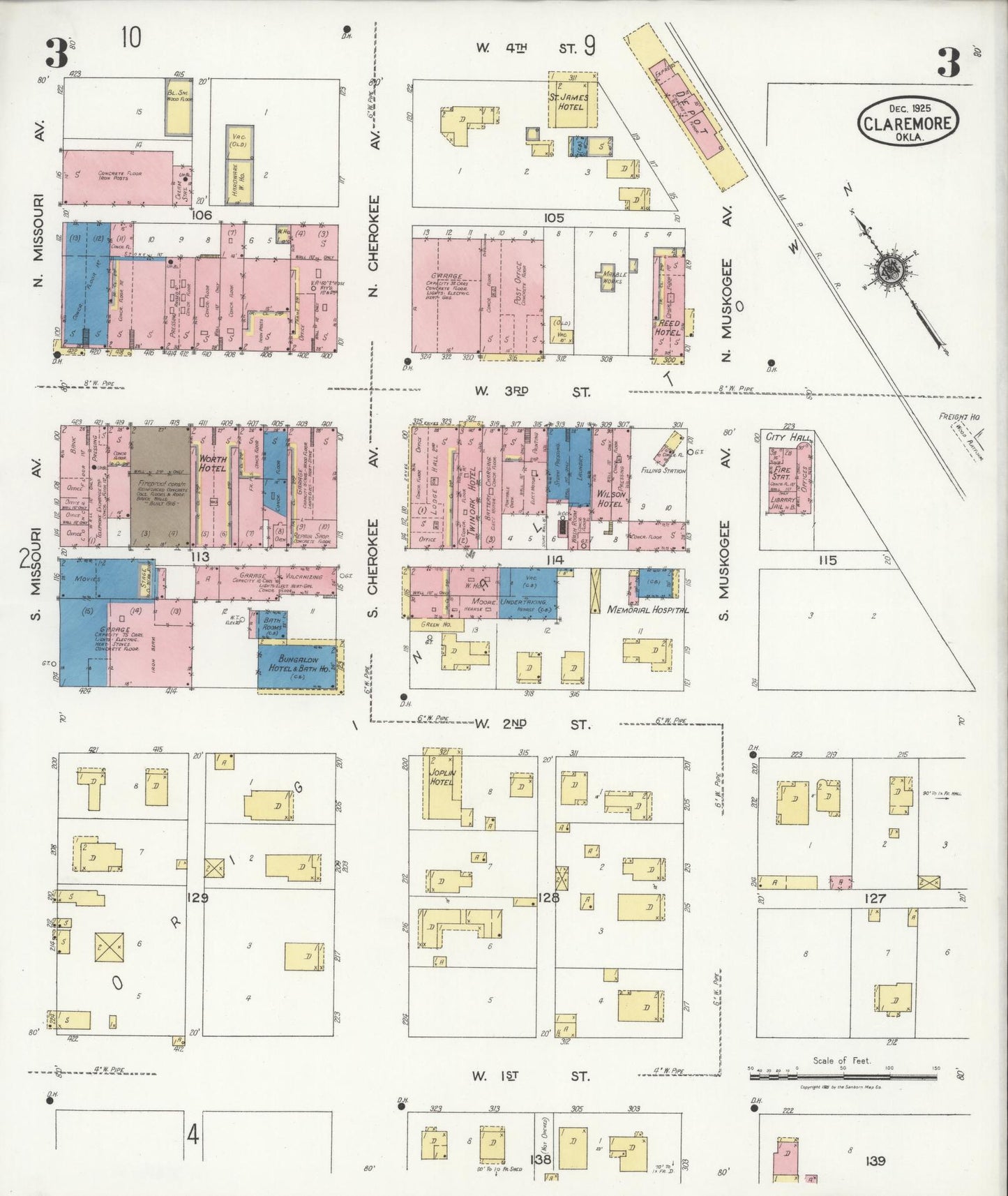 Sanborn Fire Insurance Map from Claremore, Rogers County, Oklahoma (1925), Sheet #0003 - Historic Sanborn Fire Insurance Map Print, vintage old map wall art, antique decor, genealogy gift, Oklahoma Oklahoma map