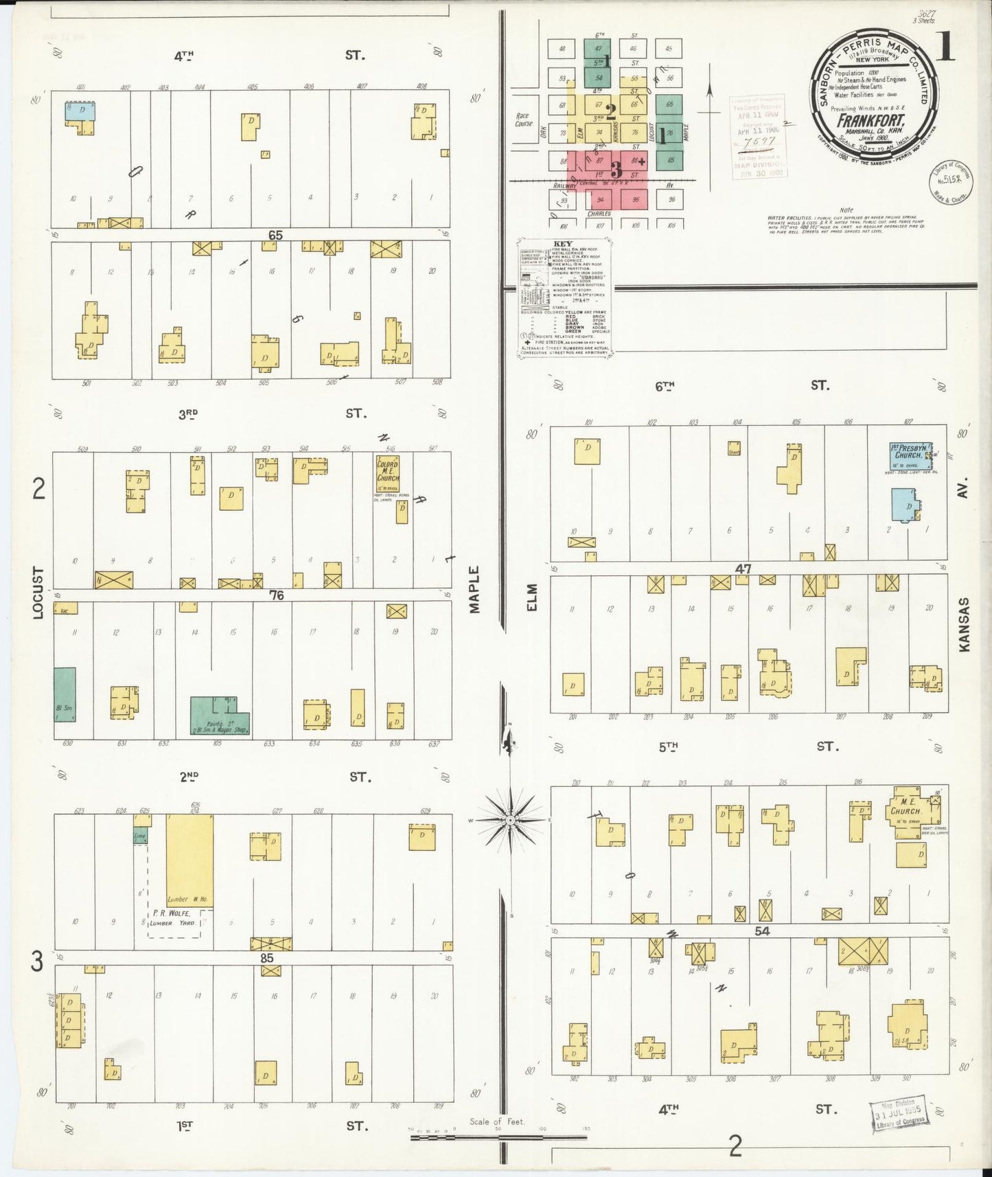 Sanborn Fire Insurance Map from Frankfort, Marshall County, Kansas (1900), Sheet #0001 - Historic Sanborn Fire Insurance Map Print, vintage old map wall art, antique decor, genealogy gift, Kansas Kansas map