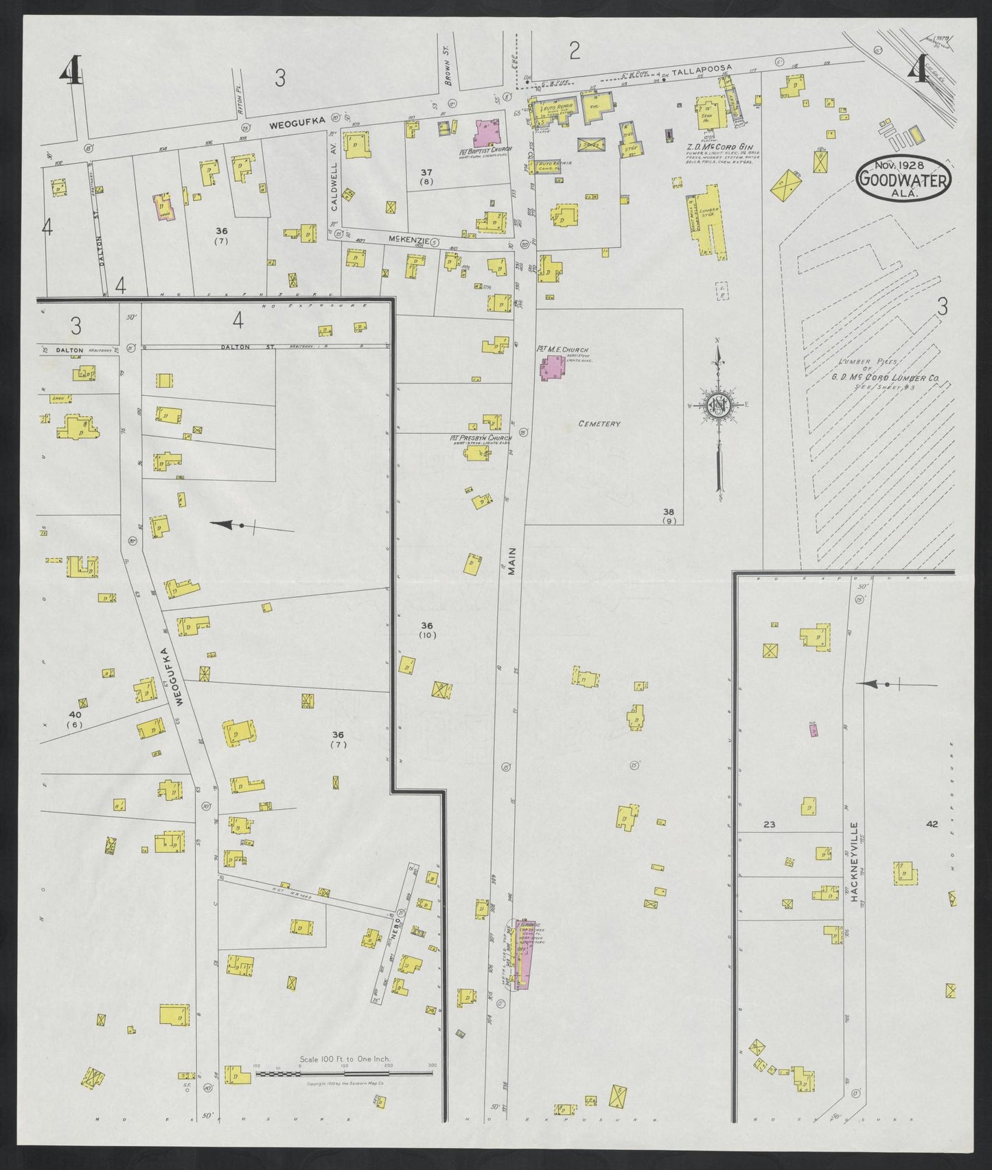 Sanborn Fire Insurance Map from Goodwater, Coosa County, Alabama (1928), Sheet #0004 - Historic Sanborn Fire Insurance Map Print, vintage old map wall art, antique decor, genealogy gift, Alabama Alabama map