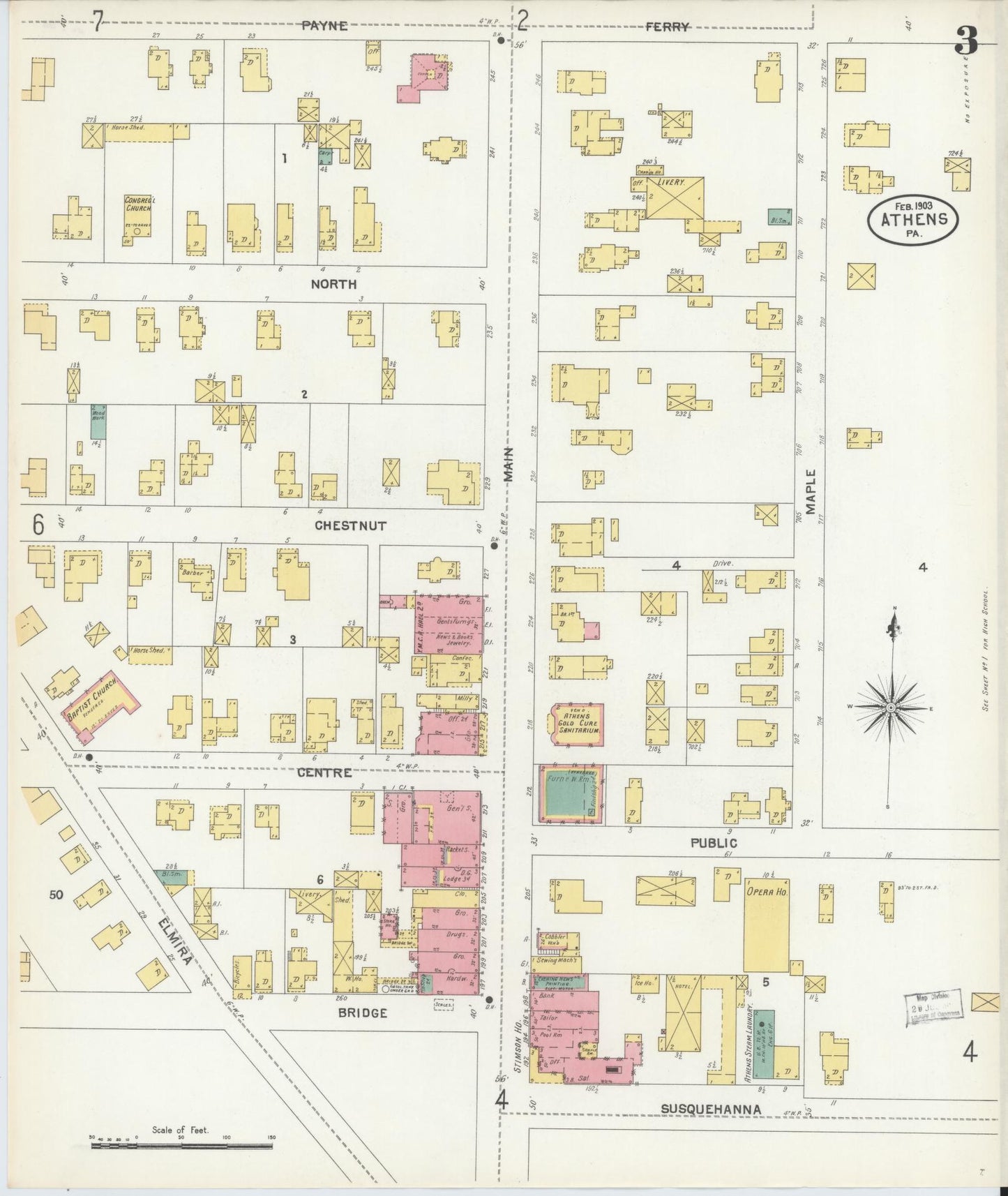 Sanborn Fire Insurance Map from Athens, Bradford County, Pennsylvania (1903), Sheet #0003 - Historic Sanborn Fire Insurance Map Print, vintage old map wall art, antique decor, genealogy gift, Pennsylvania Pennsylvania map