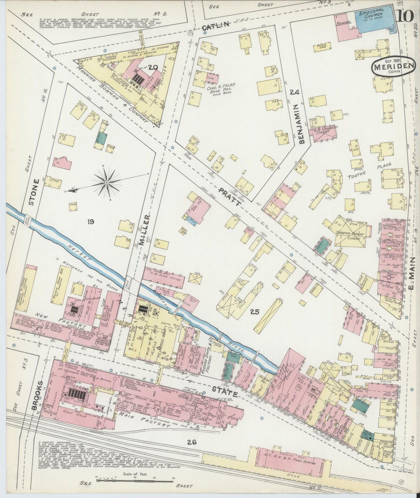 Sanborn Fire Insurance Map from Meriden, New Haven County, Connecticut (1891), Sheet #0010 - Historic Sanborn Fire Insurance Map Print, vintage old map wall art, antique decor, genealogy gift, Connecticut Connecticut map