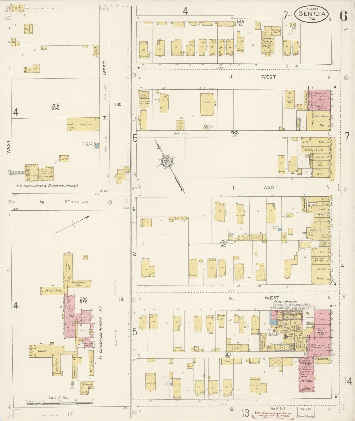 Sanborn Fire Insurance Map from Benicia, Solano County, California (1913), Sheet #0006 - Historic Sanborn Fire Insurance Map Print, vintage old map wall art, antique decor, genealogy gift, California California map