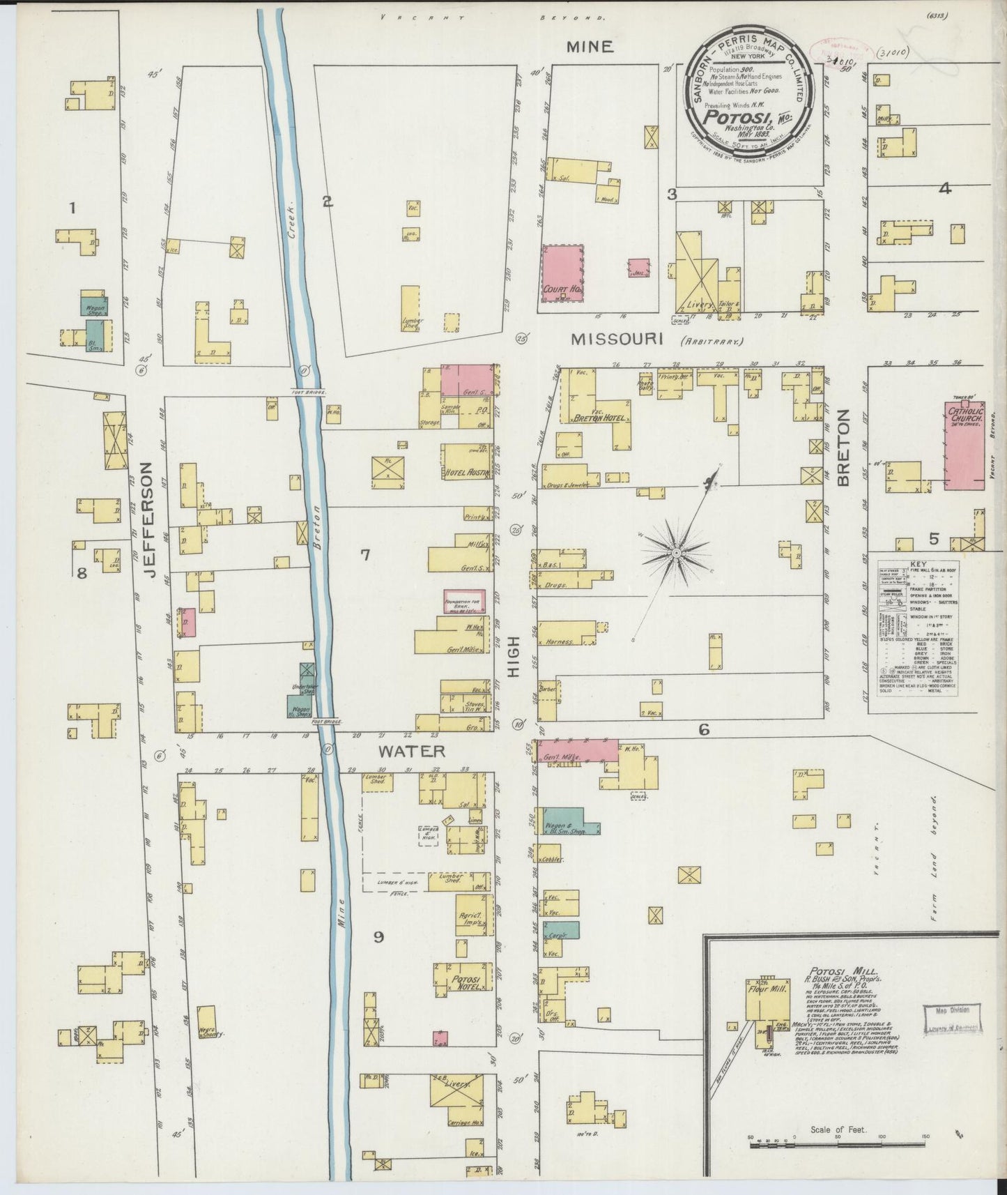 Sanborn Fire Insurance Map from Potosi, Washington County, Missouri (1893), Sheet #0001 - Historic Sanborn Fire Insurance Map Print, vintage old map wall art, antique decor, genealogy gift, Missouri Missouri map