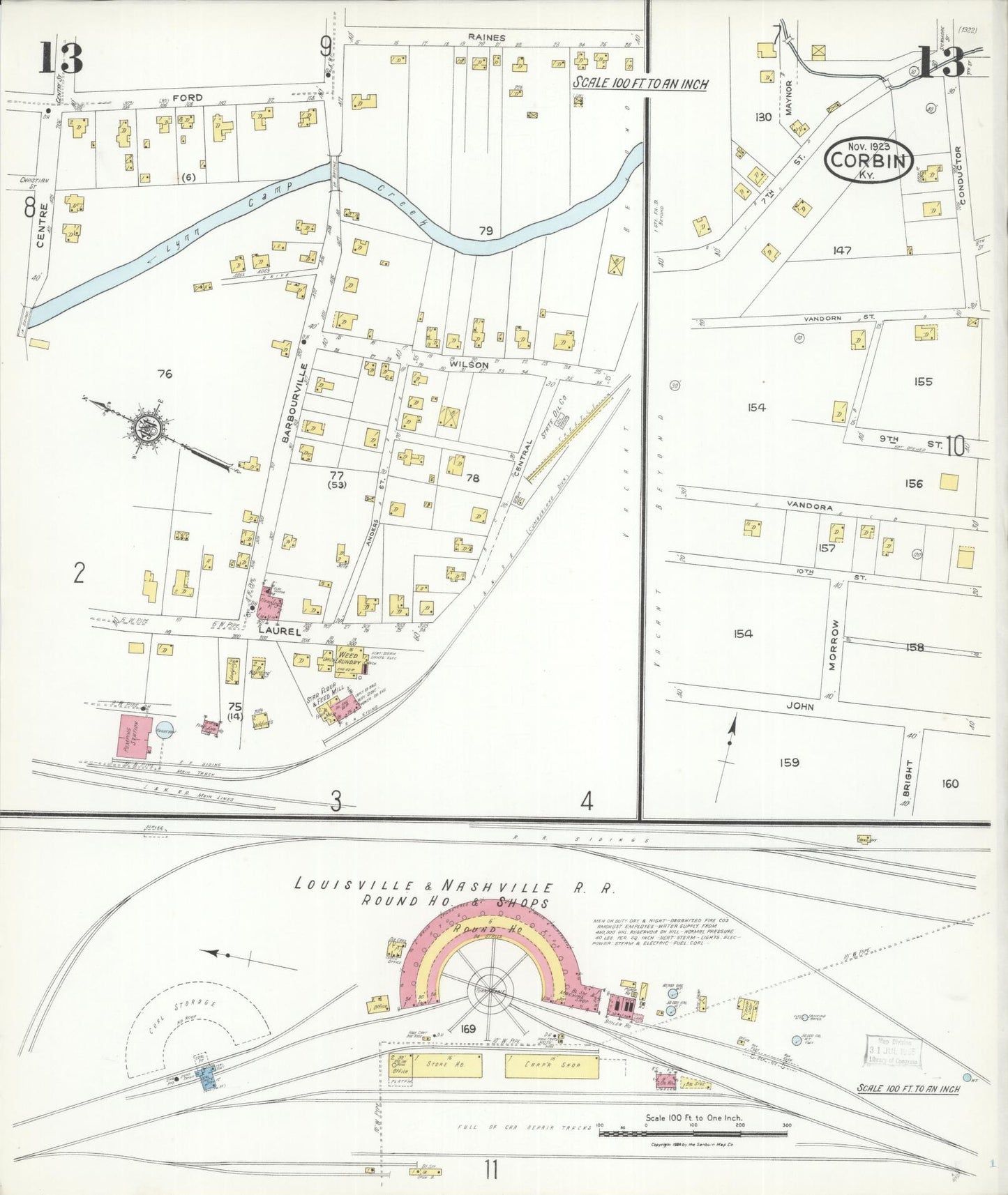 Sanborn Fire Insurance Map from Corbin, Knox and Whitley Counties, Kentucky (1923), Sheet #0013 - Historic Sanborn Fire Insurance Map Print, vintage old map wall art, antique decor, genealogy gift, Kentucky Kentucky map