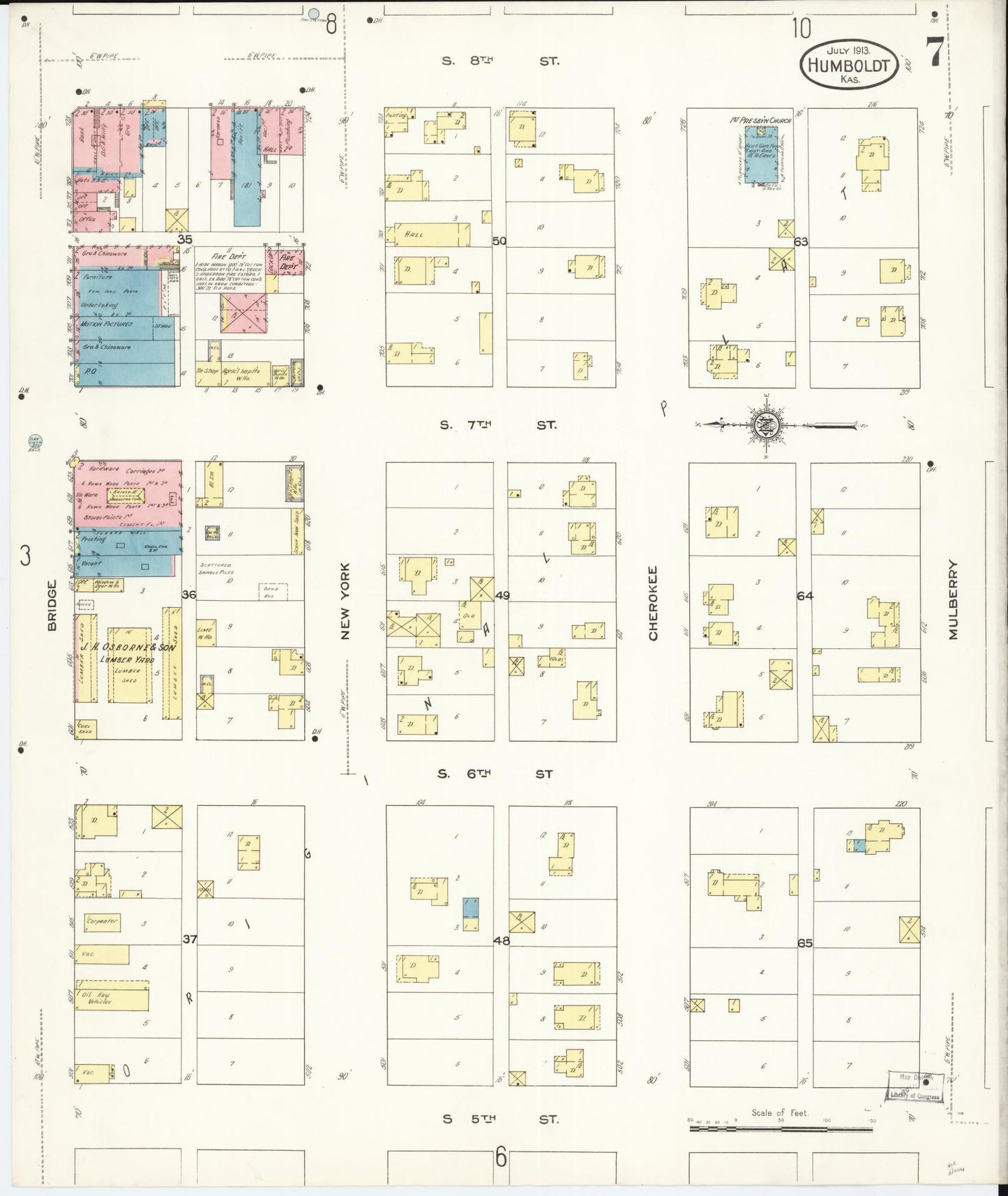 Sanborn Fire Insurance Map from Humboldt, Allen County, Kansas (1913), Sheet #0007 - Historic Sanborn Fire Insurance Map Print, vintage old map wall art, antique decor, genealogy gift, Kansas Kansas map