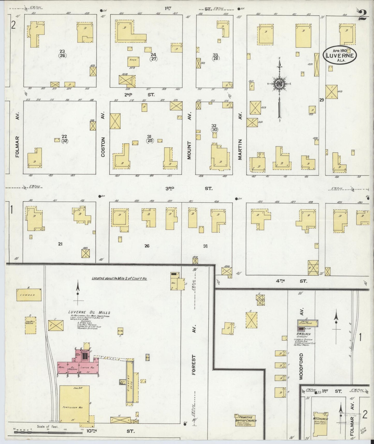 Sanborn Fire Insurance Map from Luverne, Crenshaw County, Alabama (1910), Sheet #0002 - Complete Map Set gallery image, historic Sanborn map, vintage wall art, Alabama Alabama