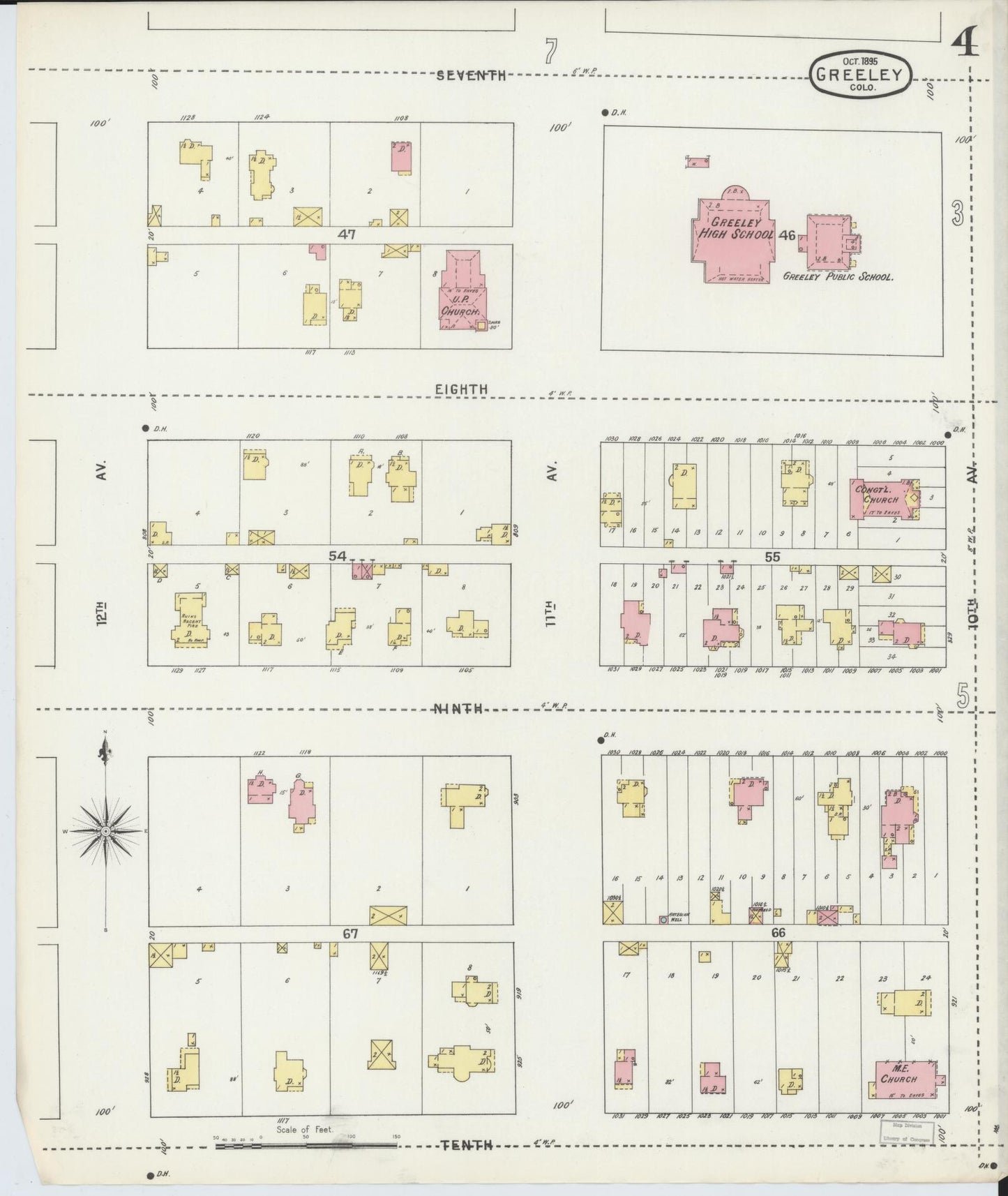 Sanborn Fire Insurance Map from Greeley, Weld County, Colorado (1895), Sheet #0004 - Historic Sanborn Fire Insurance Map Print, vintage old map wall art, antique decor, genealogy gift, Colorado Colorado map