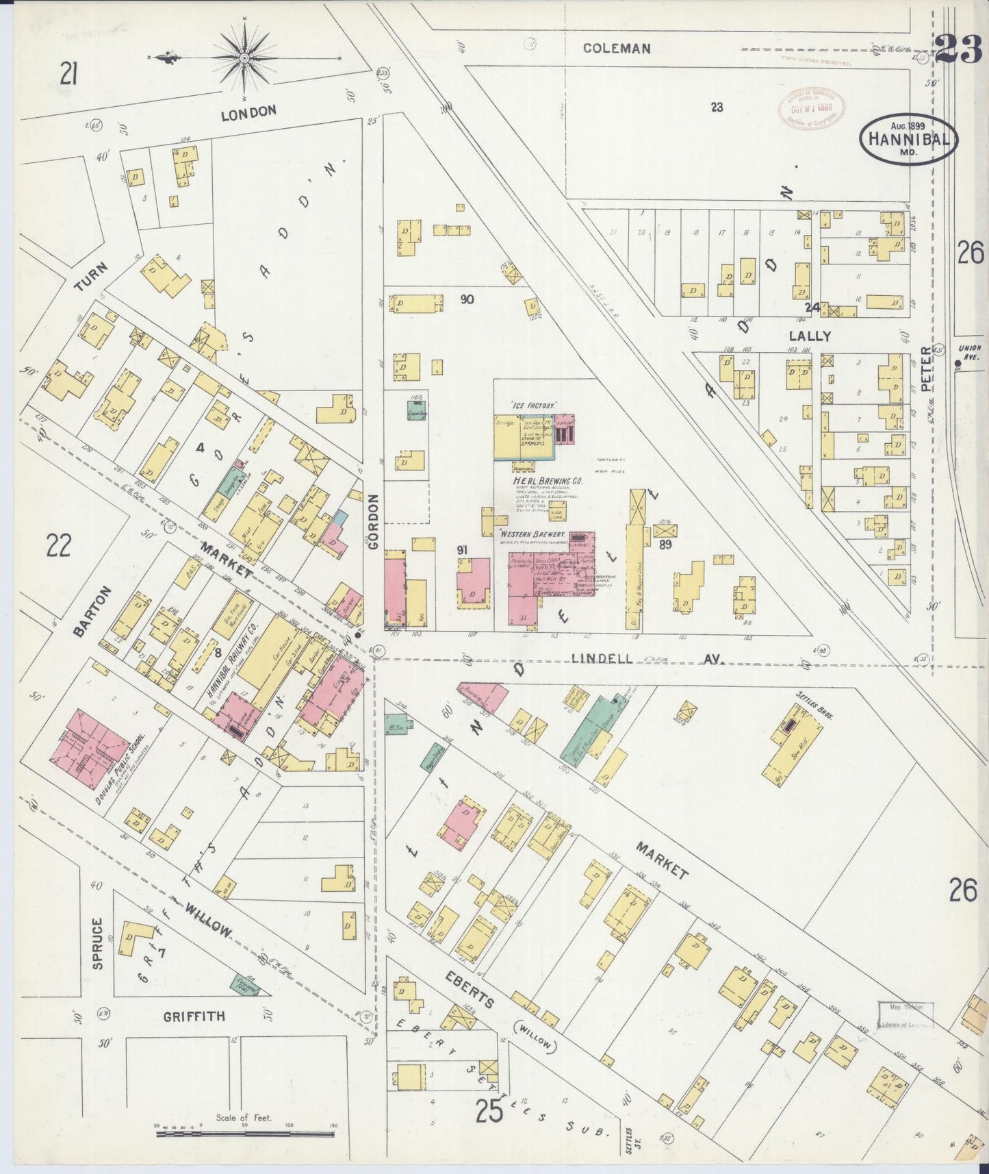 Sanborn Fire Insurance Map from Hannibal, Marion County, Missouri (1899), Sheet #0023 - Historic Sanborn Fire Insurance Map Print, vintage old map wall art, antique decor, genealogy gift, Missouri Missouri map