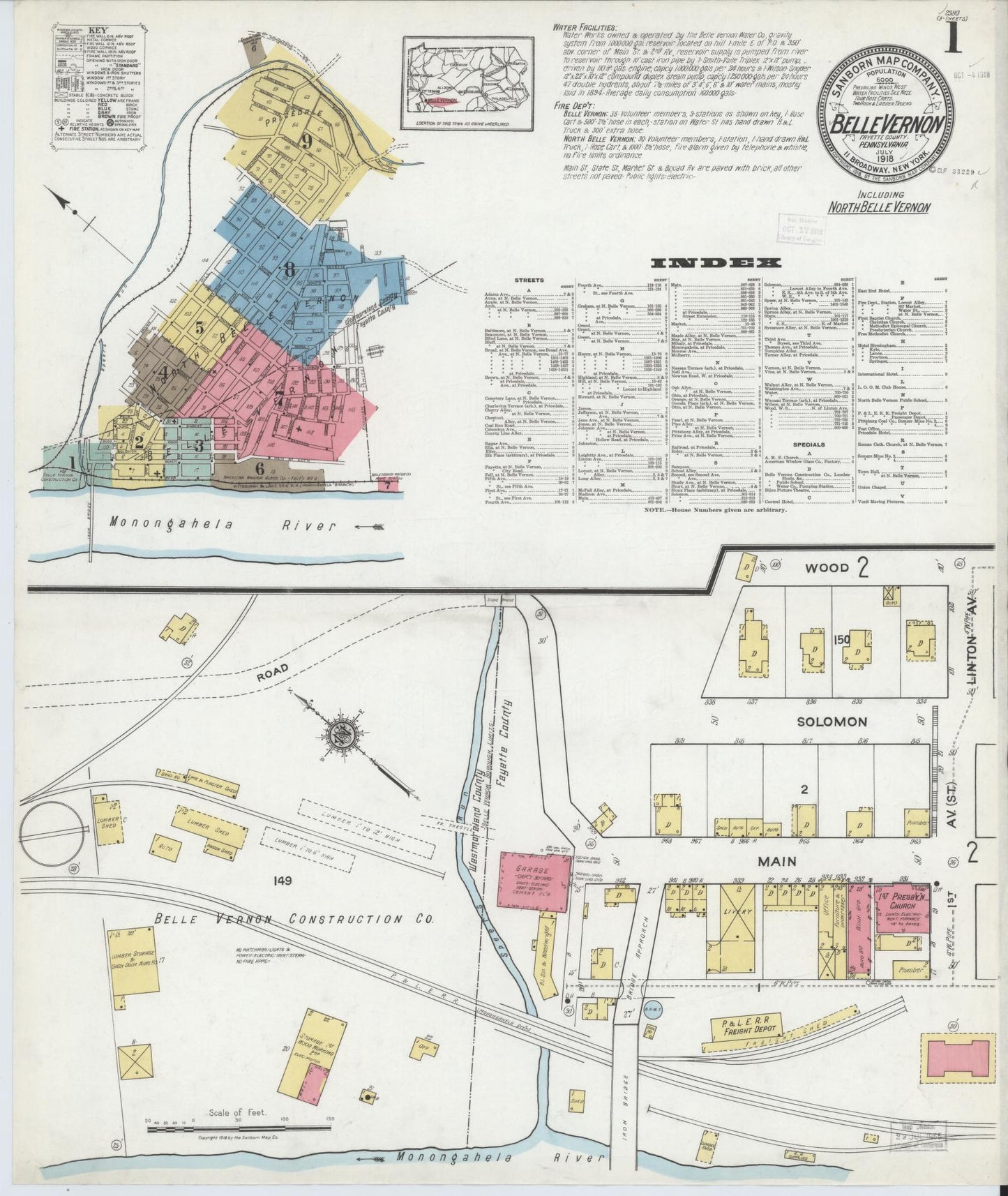 Sanborn Fire Insurance Map from Belle Vernon, Fayette County, Pennsylvania (1918), Sheet #0001 - Historic Sanborn Fire Insurance Map Print, vintage old map wall art, antique decor, genealogy gift, Pennsylvania Pennsylvania map