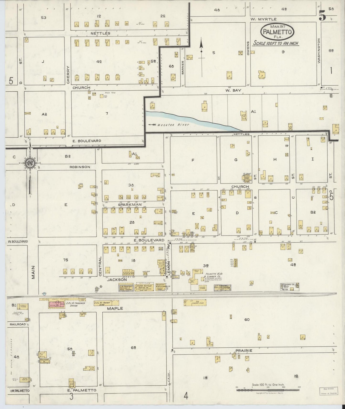 Sanborn Fire Insurance Map from Palmetto, Manatee County, Florida (1917), Sheet #0005 - Complete Map Set gallery image, historic Sanborn map, vintage wall art, Florida Florida