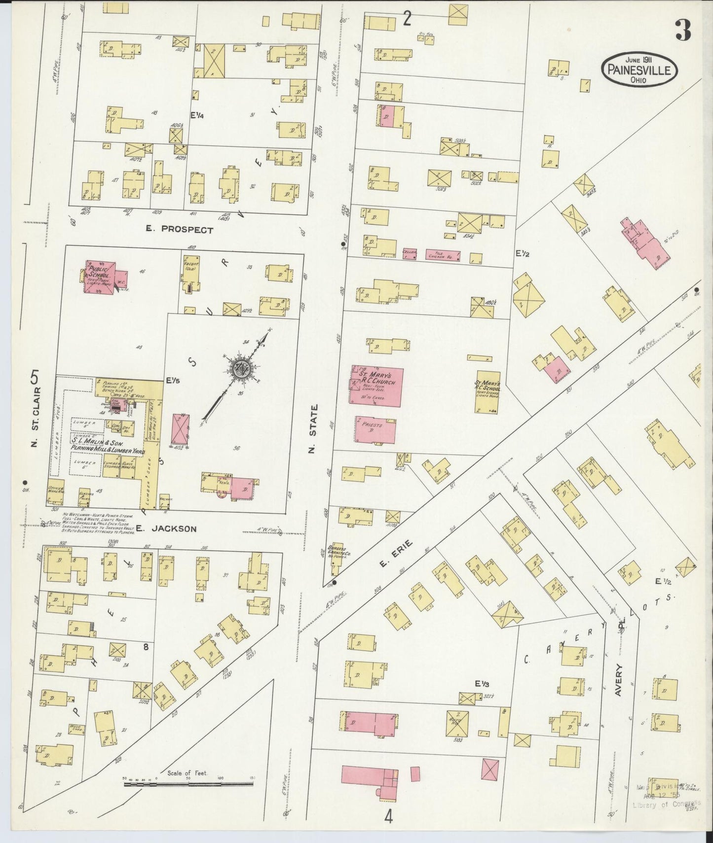 Sanborn Fire Insurance Map from Painesville, Lake County, Ohio (1911), Sheet #0003 - Historic Sanborn Fire Insurance Map Print, vintage old map wall art, antique decor, genealogy gift, Ohio Ohio map