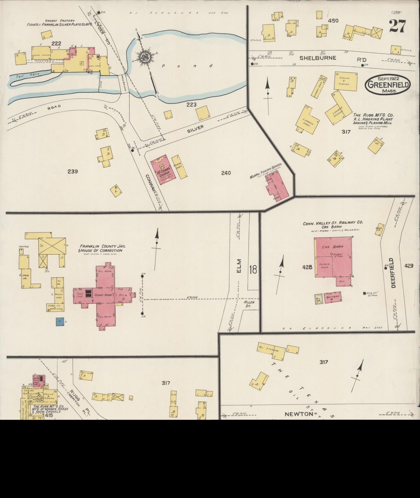 Sanborn Fire Insurance Map from Greenfield, Franklin County, Massachusetts (1922), Sheet #0027 - Historic Sanborn Fire Insurance Map Print, vintage old map wall art, antique decor, genealogy gift, Massachusetts Massachusetts map