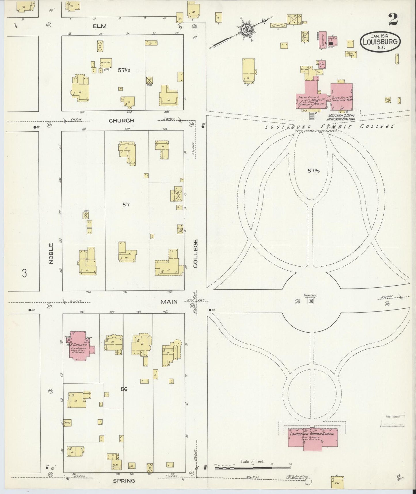 Sanborn Fire Insurance Map from Louisburg, Franklin County, North Carolina (1914), Sheet #0002 - Historic Sanborn Fire Insurance Map Print, vintage old map wall art, antique decor, genealogy gift, North Carolina North Carolina map