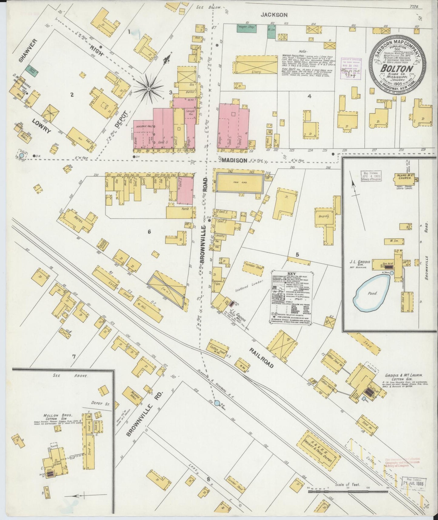 Sanborn Fire Insurance Map from Bolton, Hinds County, Mississippi (1905), Sheet #0001 - Historic Sanborn Fire Insurance Map Print, vintage old map wall art, antique decor, genealogy gift, Mississippi Mississippi map