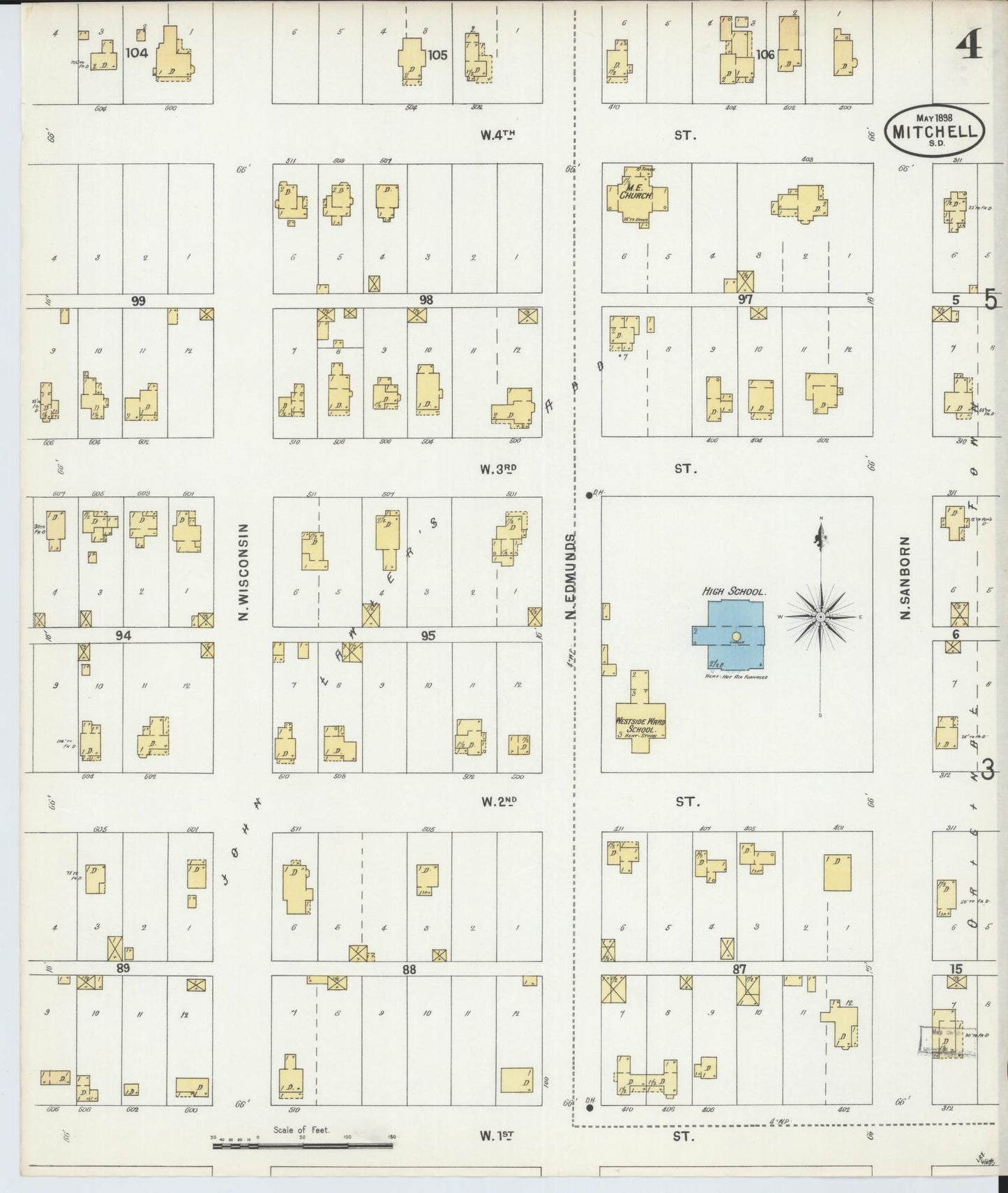 Sanborn Fire Insurance Map from Mitchell, Davison County, South Dakota (1898), Sheet #0004 - Historic Sanborn Fire Insurance Map Print, vintage old map wall art, antique decor, genealogy gift, South Dakota South Dakota map