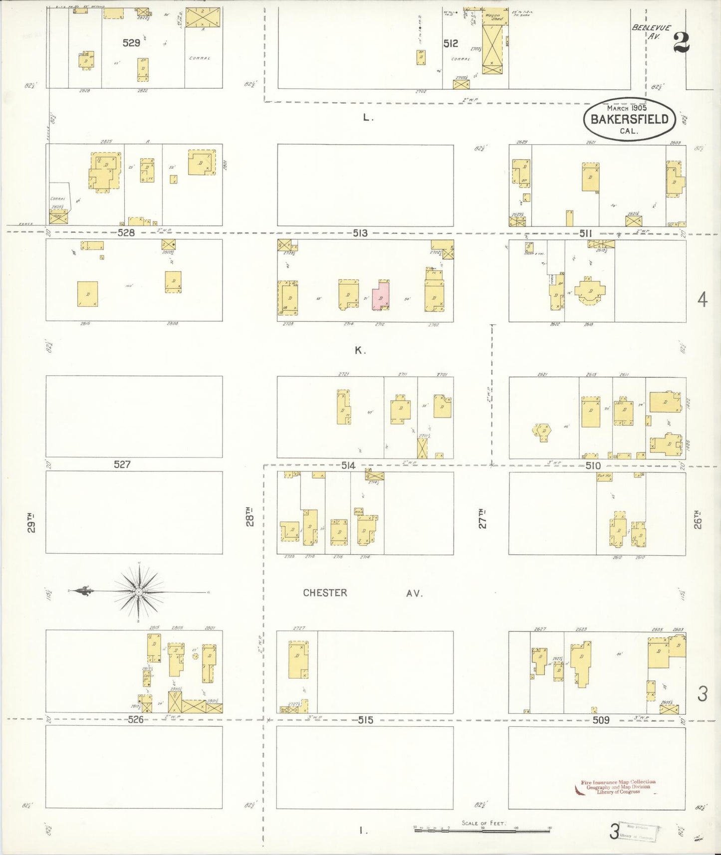 Sanborn Fire Insurance Map from Bakersfield, Kern County, California (1905), Sheet #0002 - Historic Sanborn Fire Insurance Map Print, vintage old map wall art, antique decor, genealogy gift, California California map