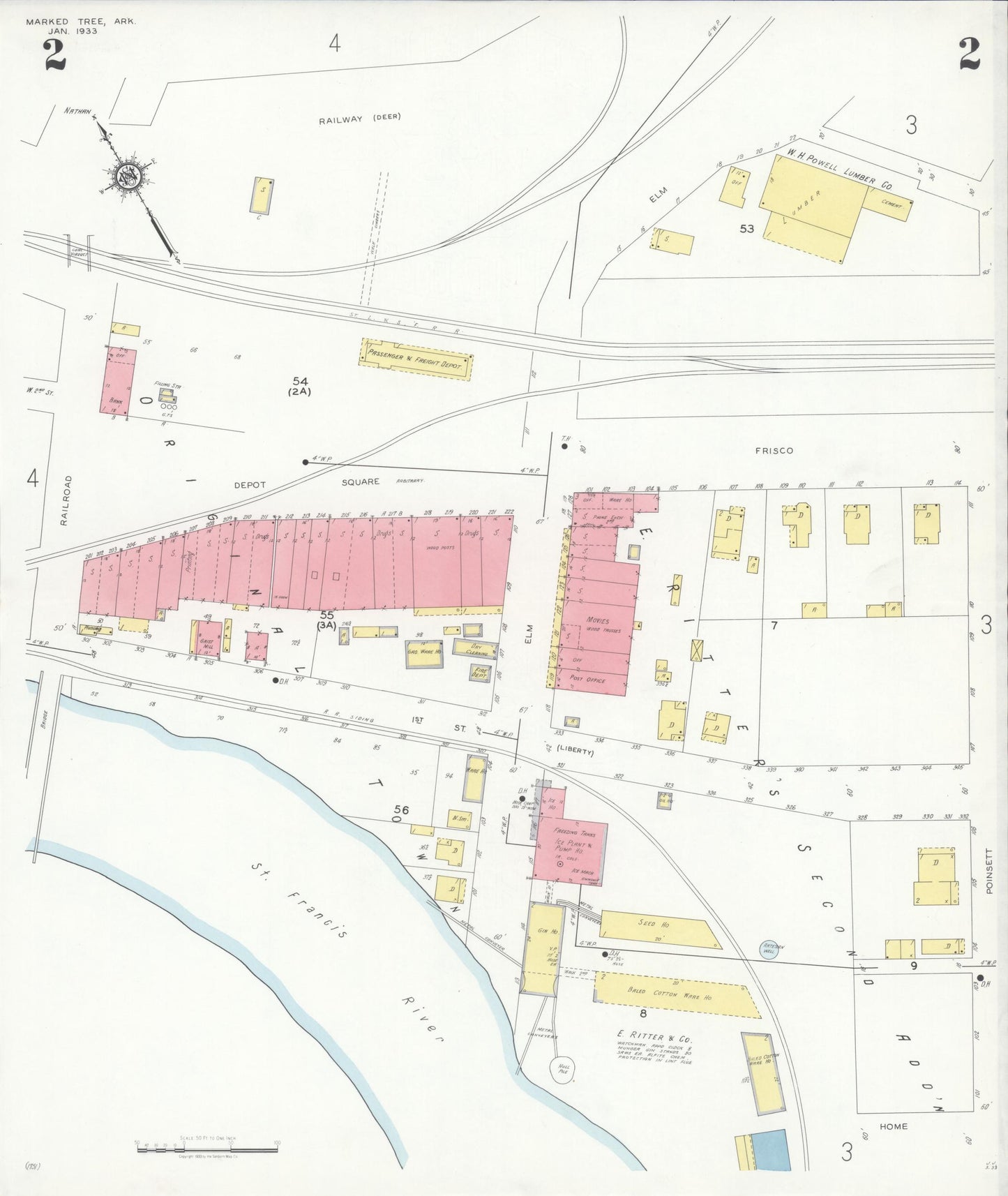 Sanborn Fire Insurance Map from Marked Tree, Poinsett County, Arkansas (1933), Sheet #0002 - Historic Sanborn Fire Insurance Map Print, vintage old map wall art, antique decor, genealogy gift, Arkansas Arkansas map