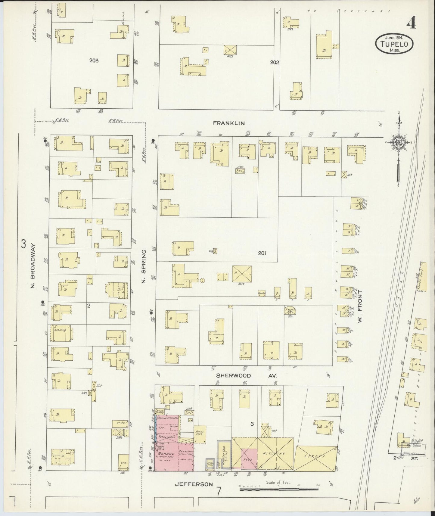 Sanborn Fire Insurance Map from Tupelo, Lee County, Mississippi (1914), Sheet #0004 - Historic Sanborn Fire Insurance Map Print, vintage old map wall art, antique decor, genealogy gift, Mississippi Mississippi map
